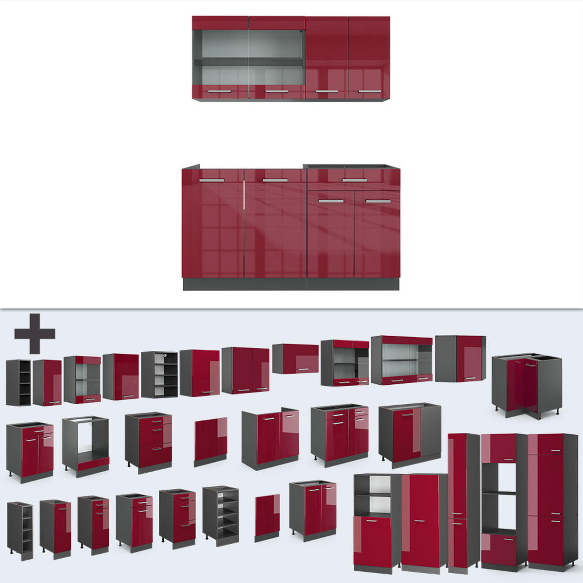 KÜCHENZEILE R-Line Rot Hochglanz/Anthrazit 140 cm , AP Eiche - Anthrazit/Rot, Holzwerkstoff (140/81.6/60cm) - Vicco