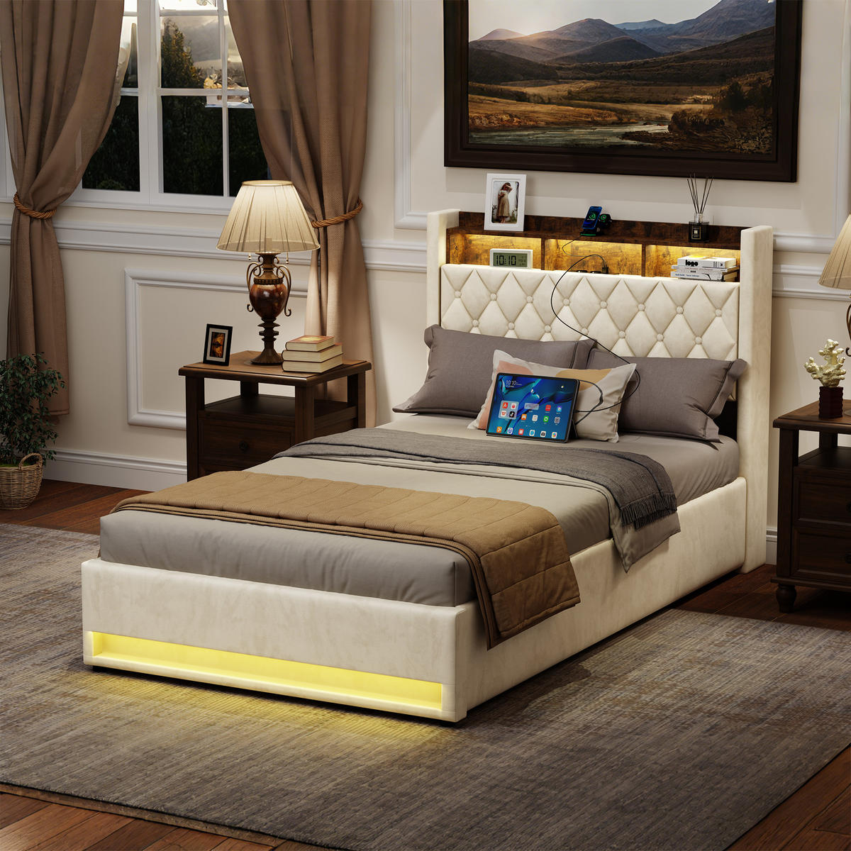 POLSTERBETT 140/190 cm Beige mit Stauraum-Kopfteil und LED-Lichtleiste - Beige, Textil (140/190cm) - OKWISH