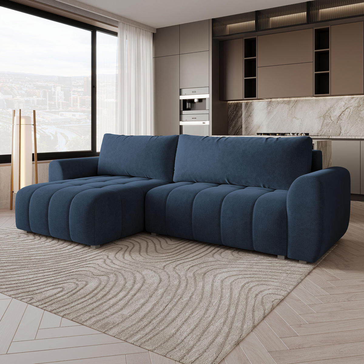 ECKSOFA MODARO CL Blau Samtstoff mit Schlaffunktion - Blau, Holzwerkstoff/Textil (285/148cm) - MASSENO