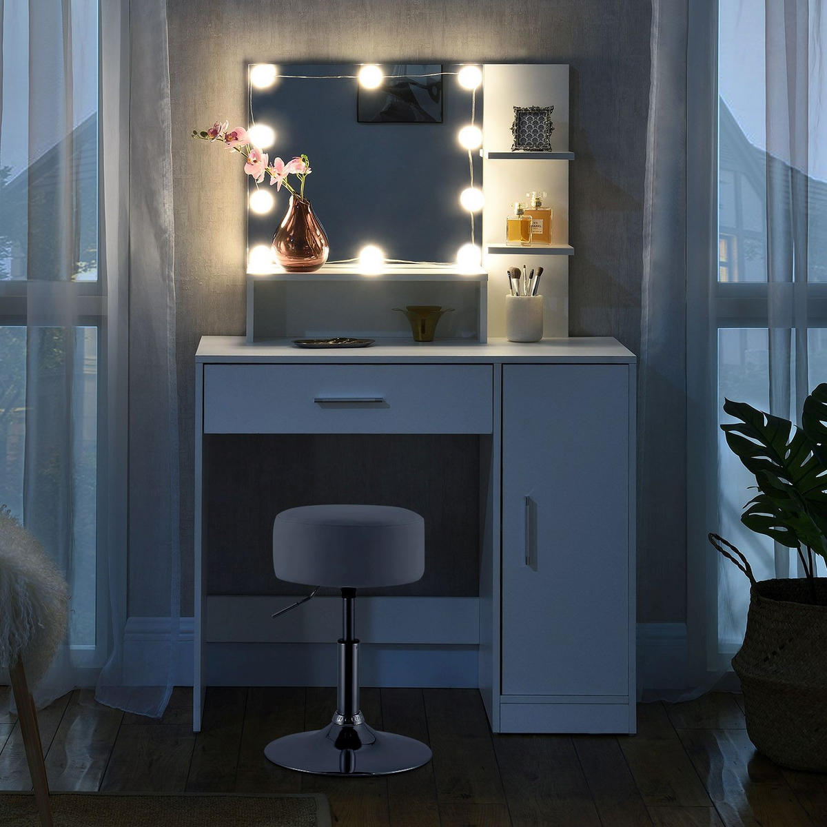 SCHMINKTISCH Zoey mit Schrank und Hocker Tonia - Weiß, Holz (38/137/90cm) - Juskys