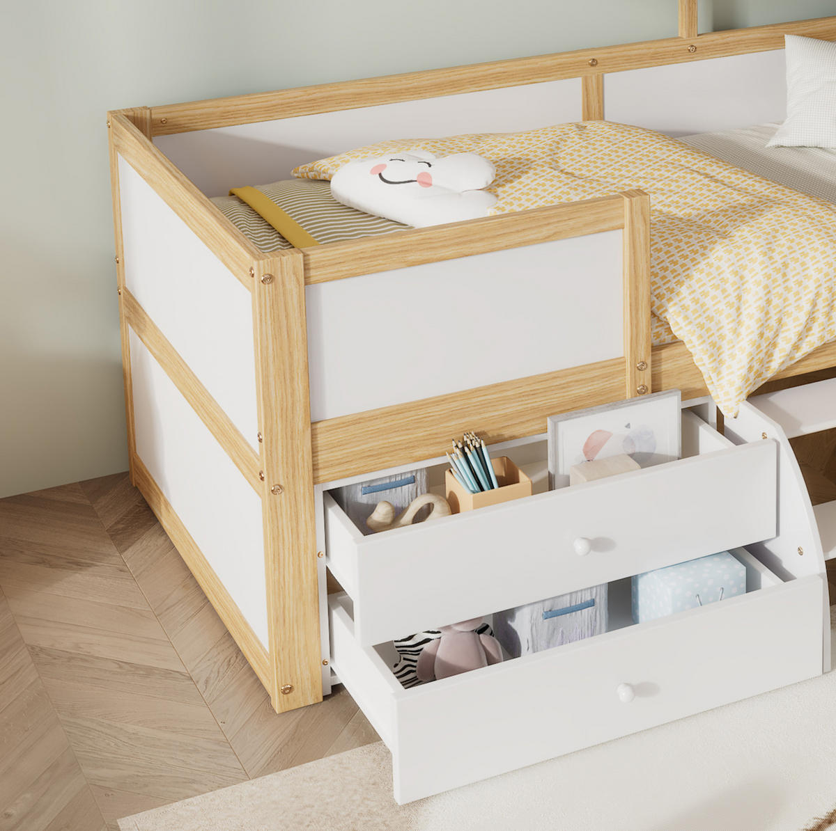 DOMČEKOVÁ posteľ 90/200 cm biela/prírodná so strechou oknom 4 zásuvkami a schodíkmi z borovice MDF a preglejky - biela, kompozitné drevo (90/200cm) - OKWISH