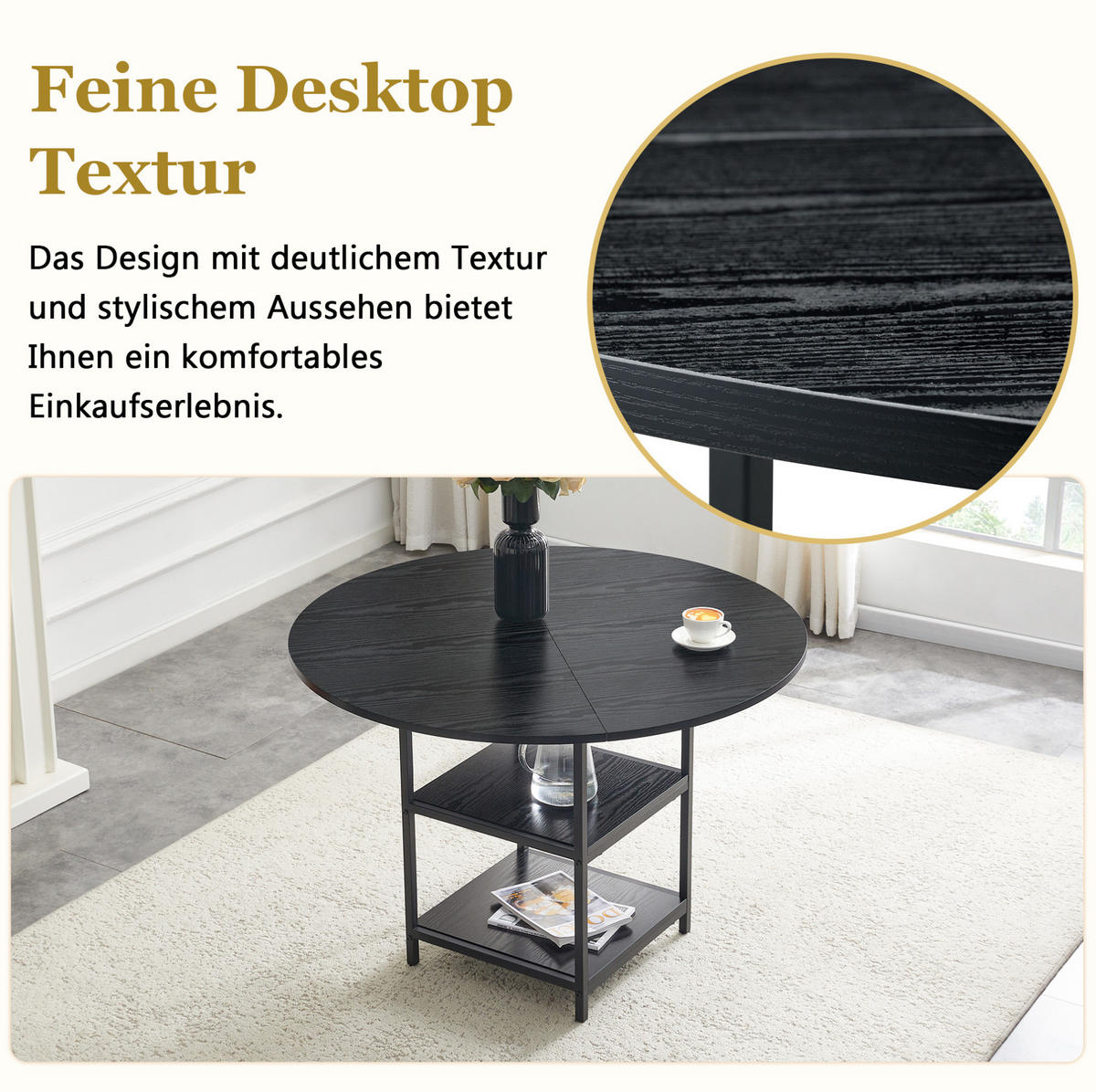 ESSTISCH aus MDF und Metall 107x107x75 cm Schwarz mit doppelter offener Ablage im Industrial-Stil - Schwarz, Holzwerkstoff (107/107/75cm) - Modfu