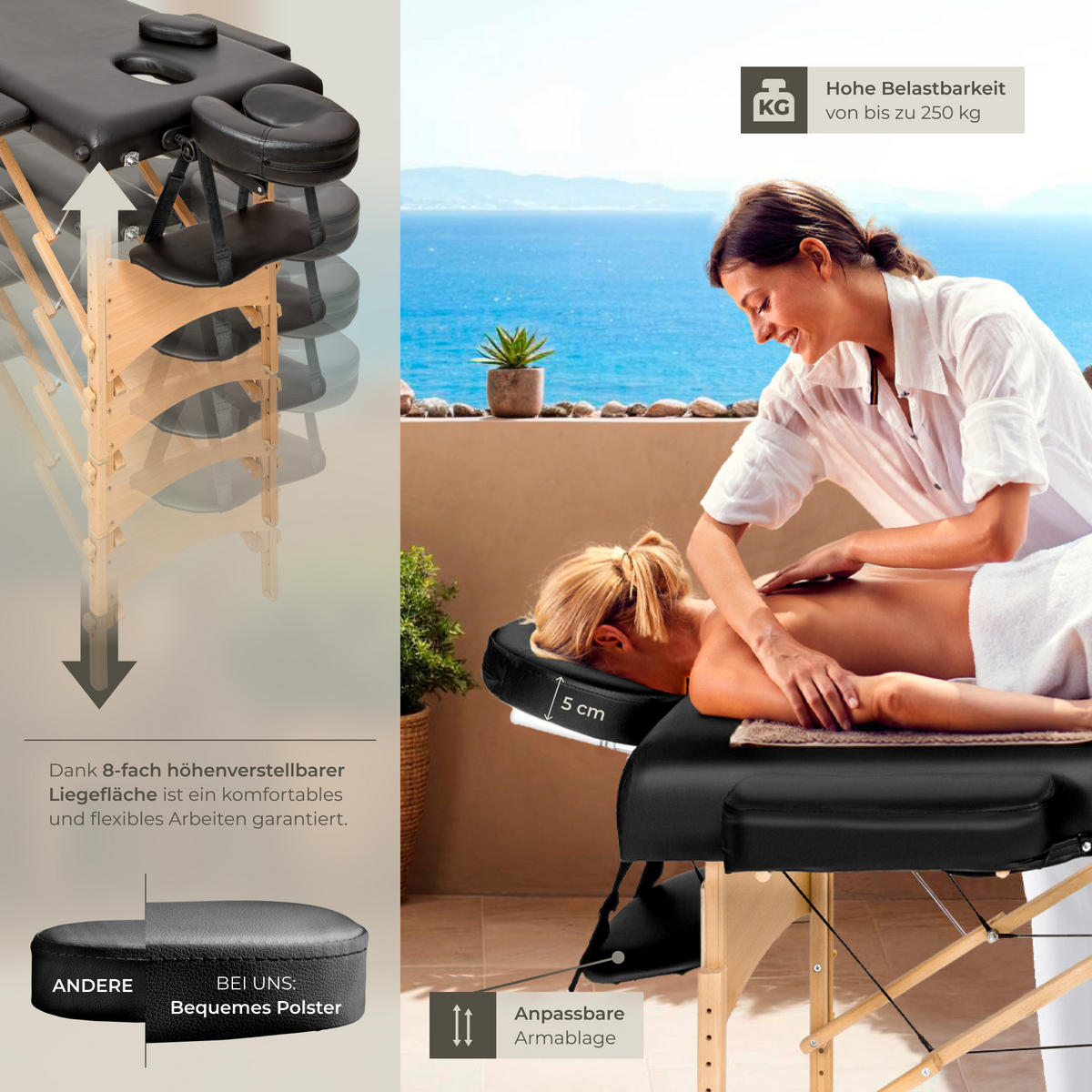 MASSAGELIEGE 2 Zonen Freddi,210 x 95 x 84 cm,schwarz - Schwarz, Holz (95/84/210cm) - tectake