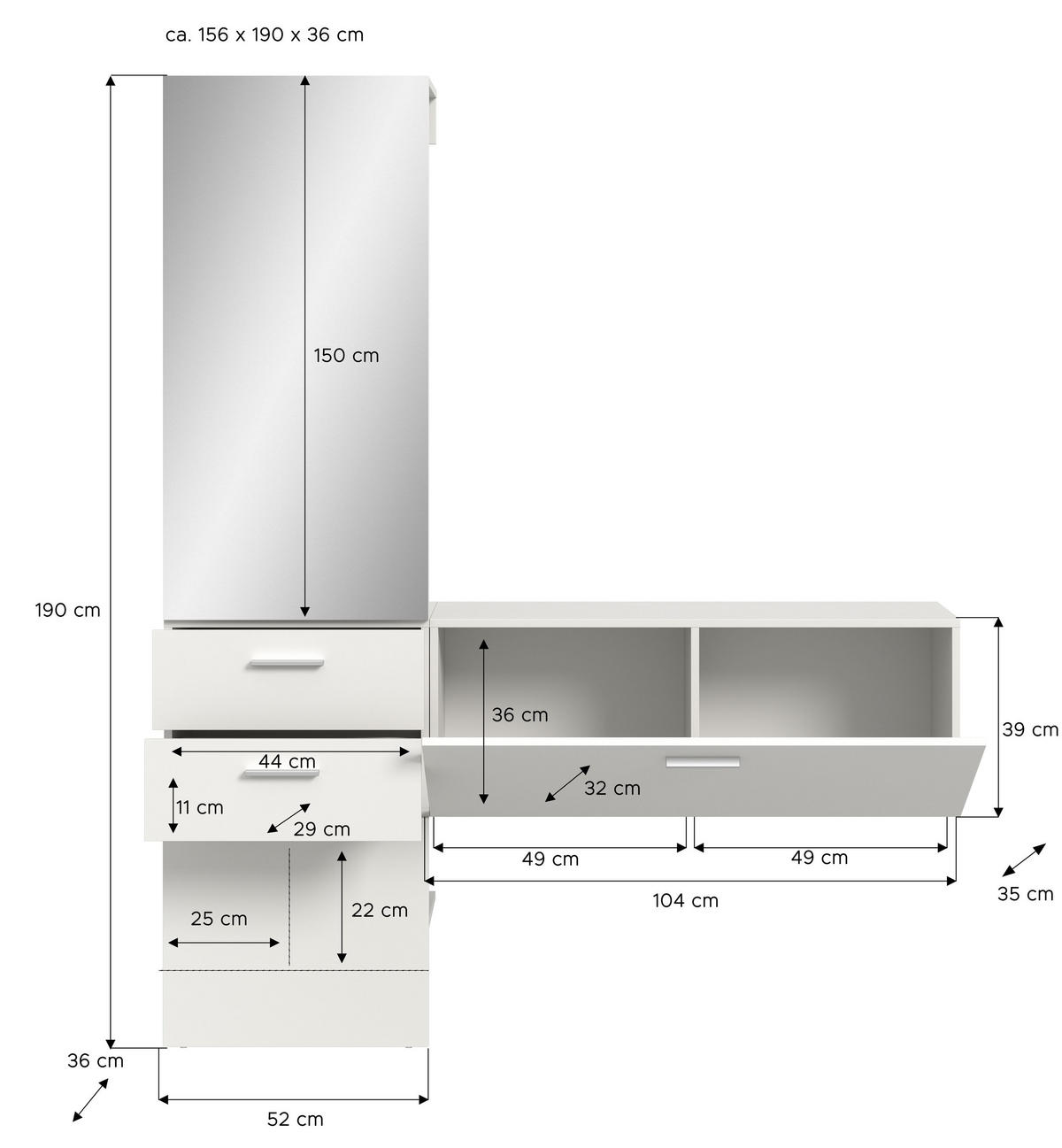GARDEROBEN-SET VAGA 2-tlg. (B/H/T: ca. 156/190/36 cm) in weiß/weiß - Weiß, Holzwerkstoff (156/190/36cm)