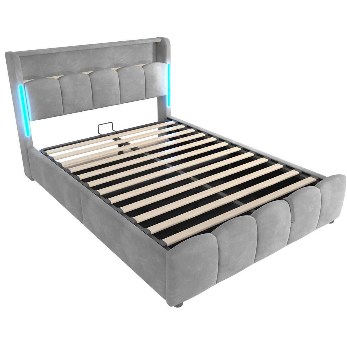 ČALÚNENÁ posteľ zo zamatu 140x200 cm sivá s LED osvetlením, úložným priestorom, USB a Typ-C - sivá, textil (140/200cm) - Modfu