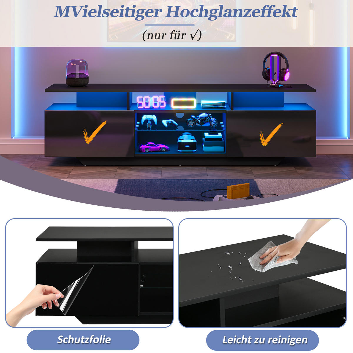 TV-SCHRANK schwarz aus MDF mit gehärtetem Glas und App-gesteuerter USB-LED 160 × 40 × 45 cm - Schwarz, Holzwerkstoff (160/45/40cm) - Luhomfu