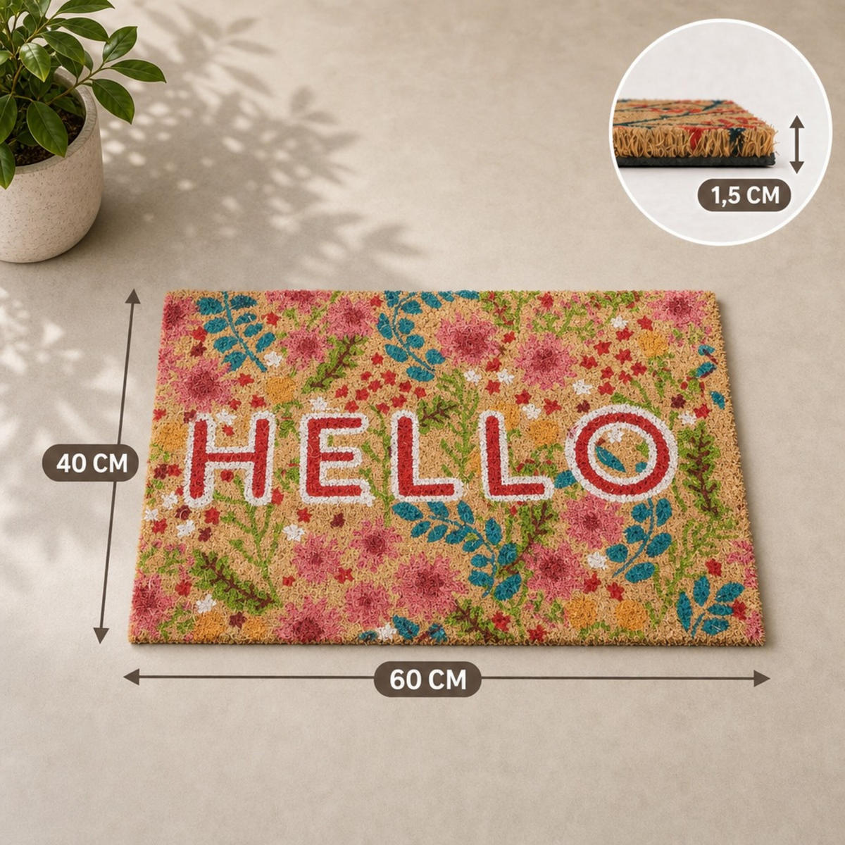 FUSSMATTE Mehrfarbig Kokos Hello 60x40 cm - Multicolor, Kunststoff/Textil (60/40cm) - Relaxdays