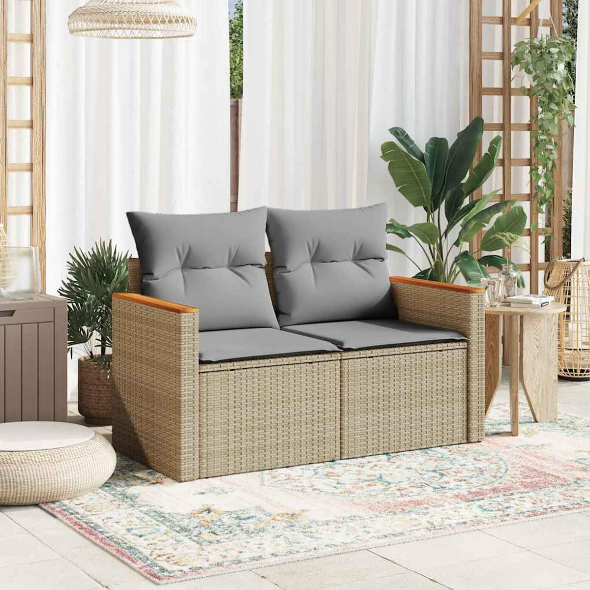 GARTENSOFA Mit Kissen 2-Sitzer Beige Poly Rattan - Beige, Kunststoff (124/69/62cm) - vidaXL
