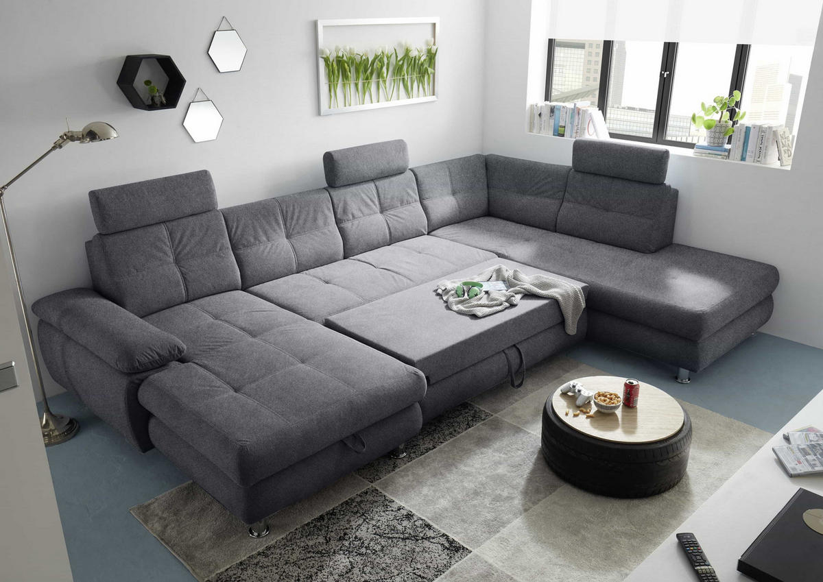 WOHNLANDSCHAFT mit Schlaffunktion, Bettkasten und verstellbaren Arm- und Kopflehnen - Chromfarben/Anthrazit, Textil/Metall (233/88/349cm) - ed exciting design