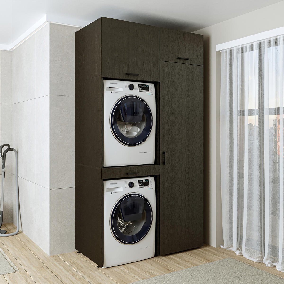 WASCHMASCHINENSCHRANK DUO-I 127cm Breit, 240cm Hoch - Schwarz, Holzwerkstoff (127/240/67cm)