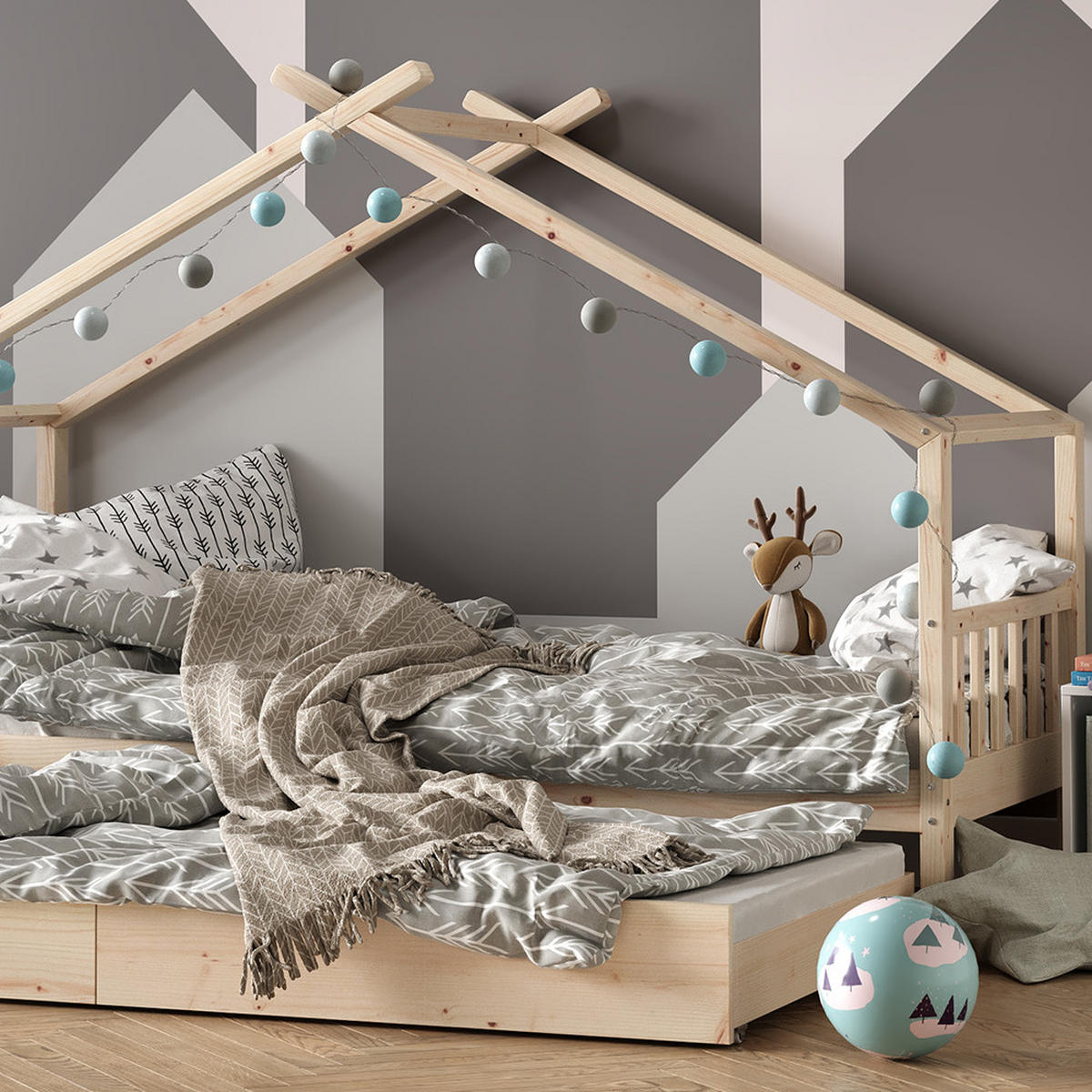 HAUSBETT Design Naturholz 90x200 cm mit Gästebett und Matratze - Naturfarben, Holz (90/200cm) - VitaliSpa