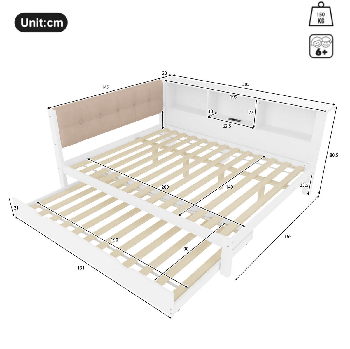 POLSTERBETT 140/200 cm mit Ausziehbett, LED-Beleuchtung, USB-Anschluss und Regal, Kiefer massiv/MDF, Weiß - Weiß, Holz (140/200cm) - Redom