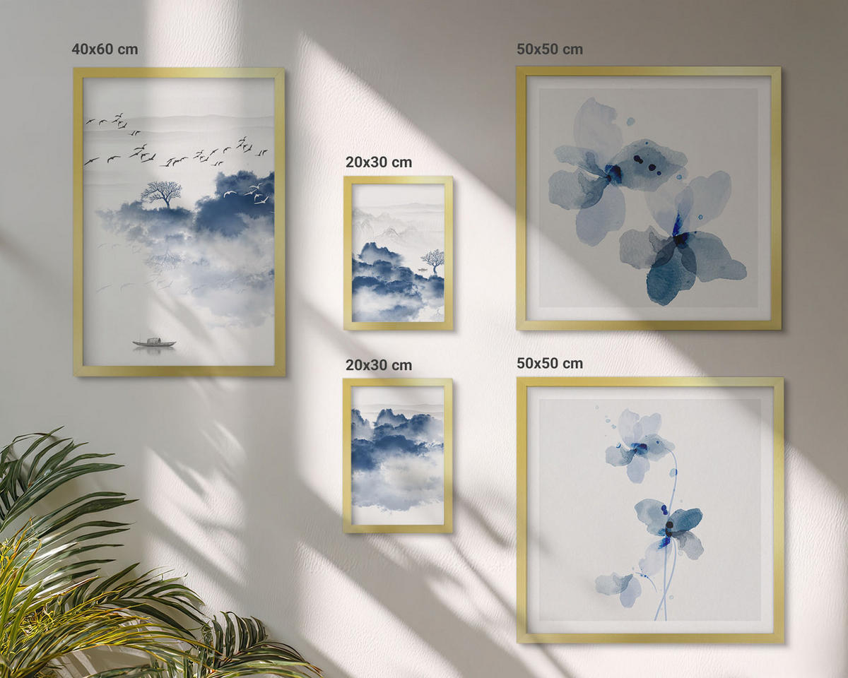 BILDER SET 5er Set - 50x50 cm & 20x30 cm & 40x60 cm Goldrahmen - Berge, Wolken, Bäume, Vögel im Hintergrund - Goldfarben, Kunststoff (40/60cm) - TULUP