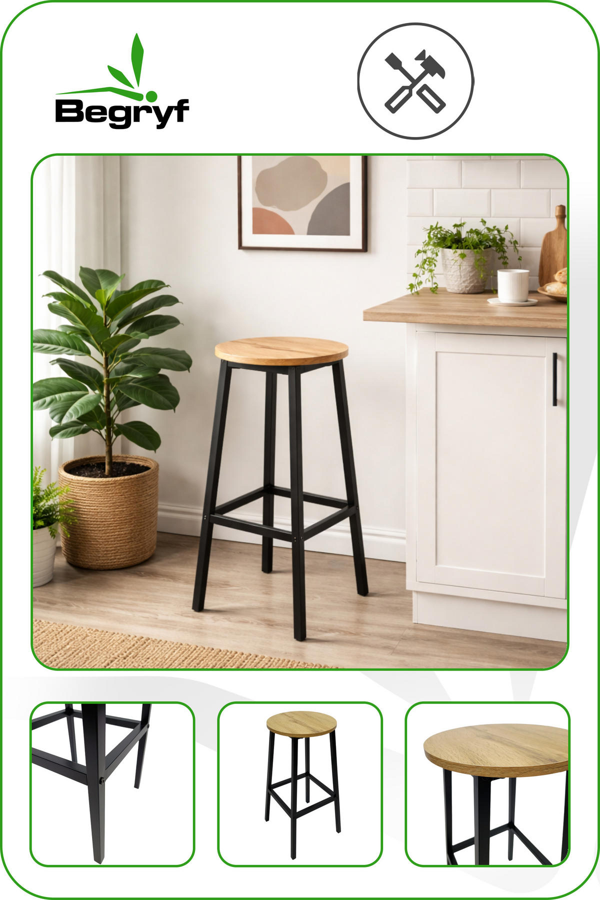 BARHOCKER Holzoptik Metall Eichefarbe Schwarz 2er Set 65×30×30 cm - Eichefarben/Schwarz, Holzwerkstoff/Metall (32/65/32cm) - Begryf