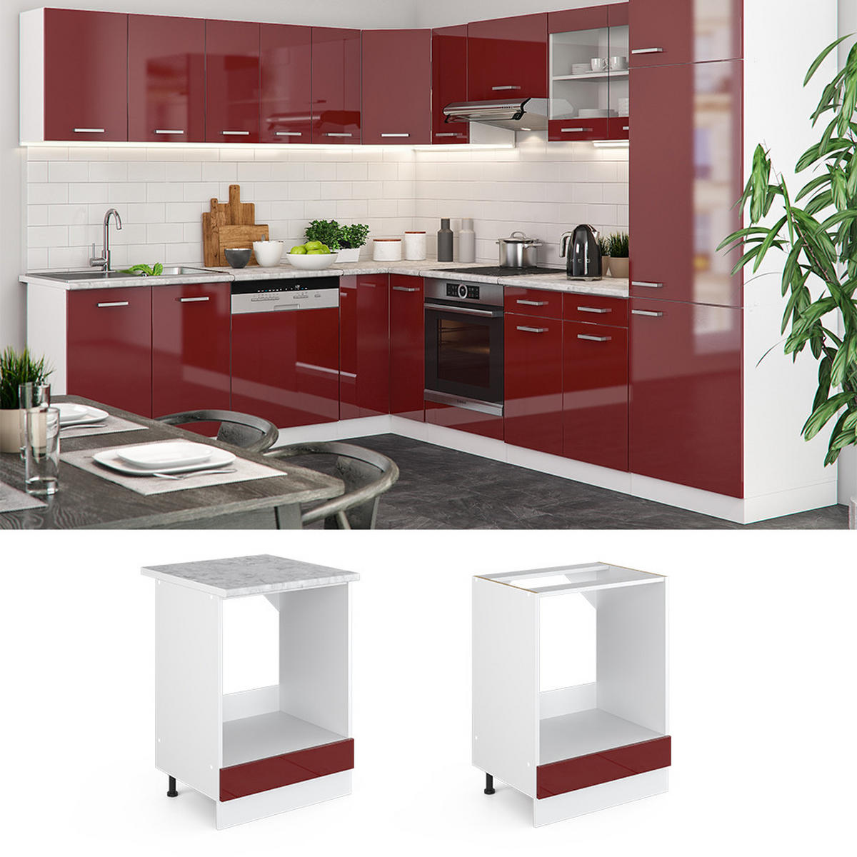 HERDUMBAUSCHRANK R-Line Bordeaux Hochglanz 60 cm, AP Anthrazit - Bordeaux/Weiß, Holzwerkstoff (60/81.6/60cm) - Vicco