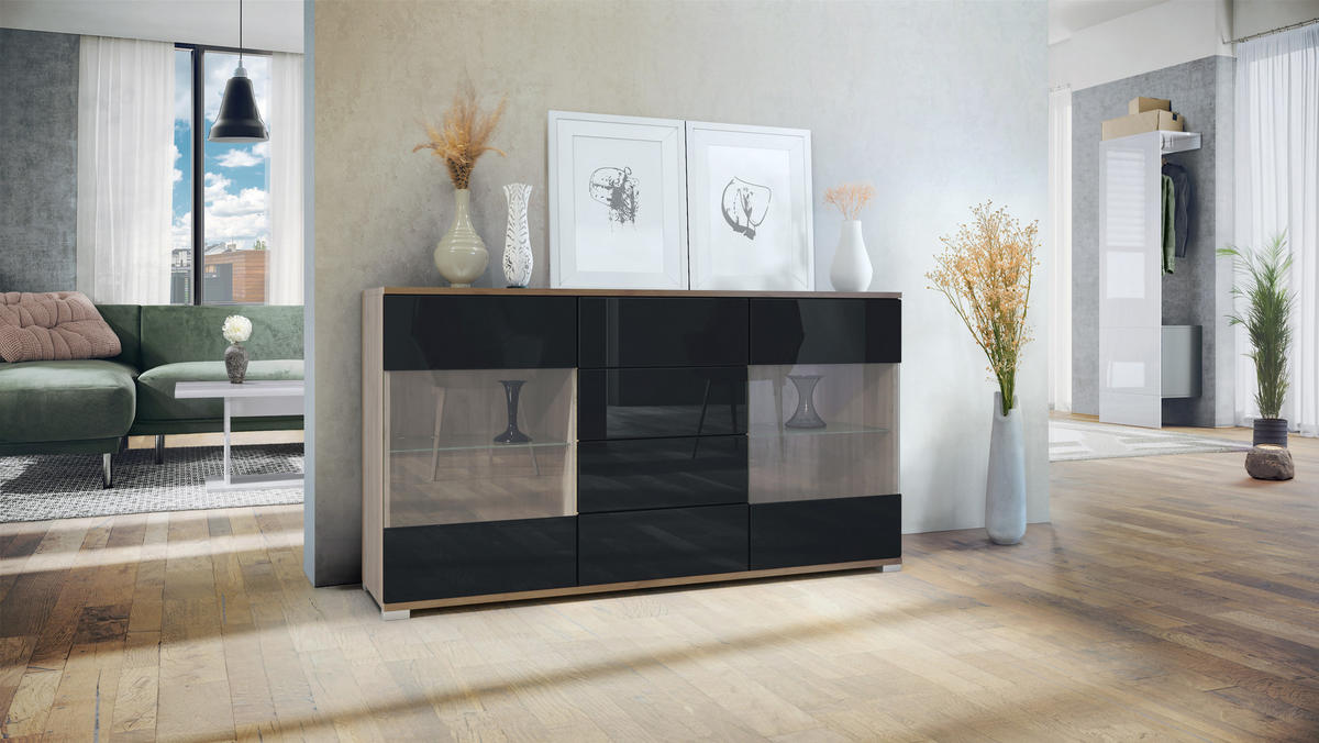 SIDEBOARD Bari Schwarz Hochglanz - Schwarz Hochglanz, Holzwerkstoff (138.5/75.5/35cm) - Vladon