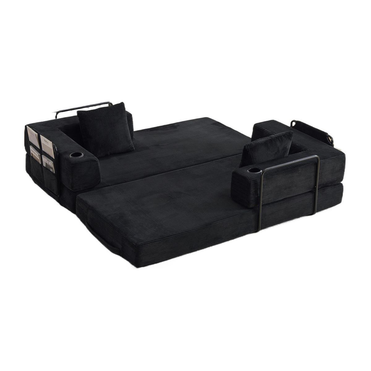 SCHLAFSOFA DE-33515 faltbar mit Becherhalter Schwarz - Schwarz, Textil (185/60/92.5cm) - ComfortXL