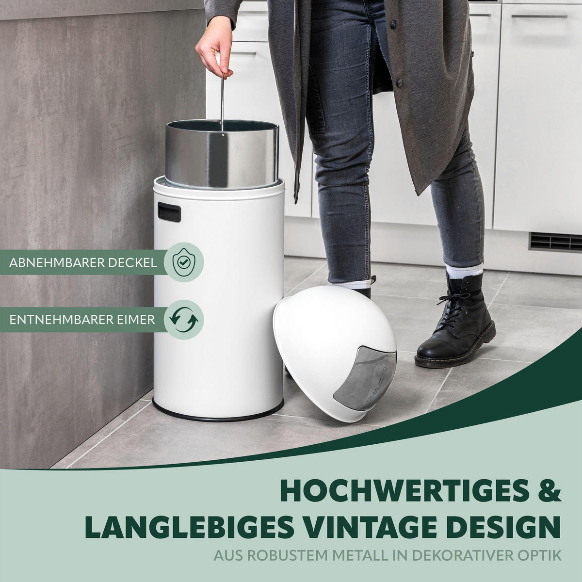 ABFALLEIMER Push-Deckel 35 L, weiß - Weiß, Metall (30.5/66.5/30.5cm) - eluno