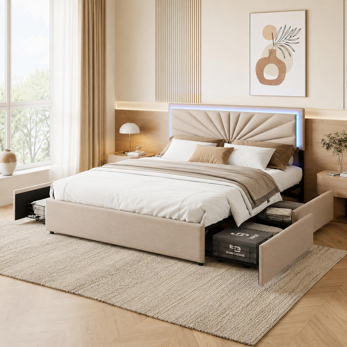 POLSTERBETT 160x200 cm Beige mit LED und Schubladen - Beige, Holz/Metall (160/200cm) - Joyfair