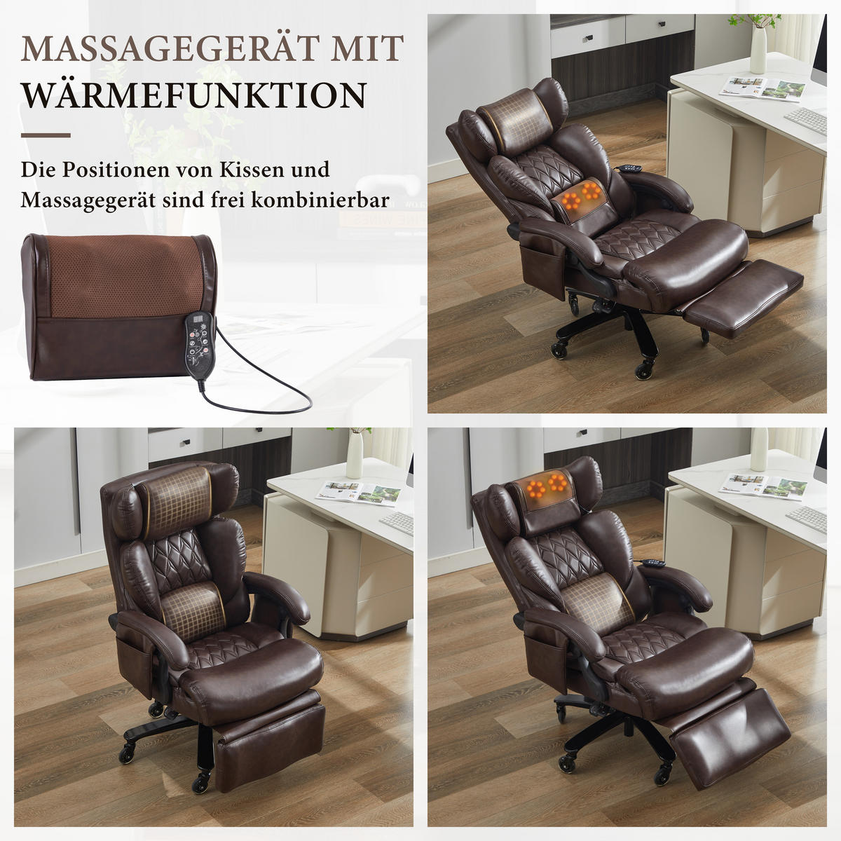 BÜROSTUHL Braun 88/70/112.5 cm mit Massagefunktion - Braun, Metall (88/112.5/70cm) - PANGIVO