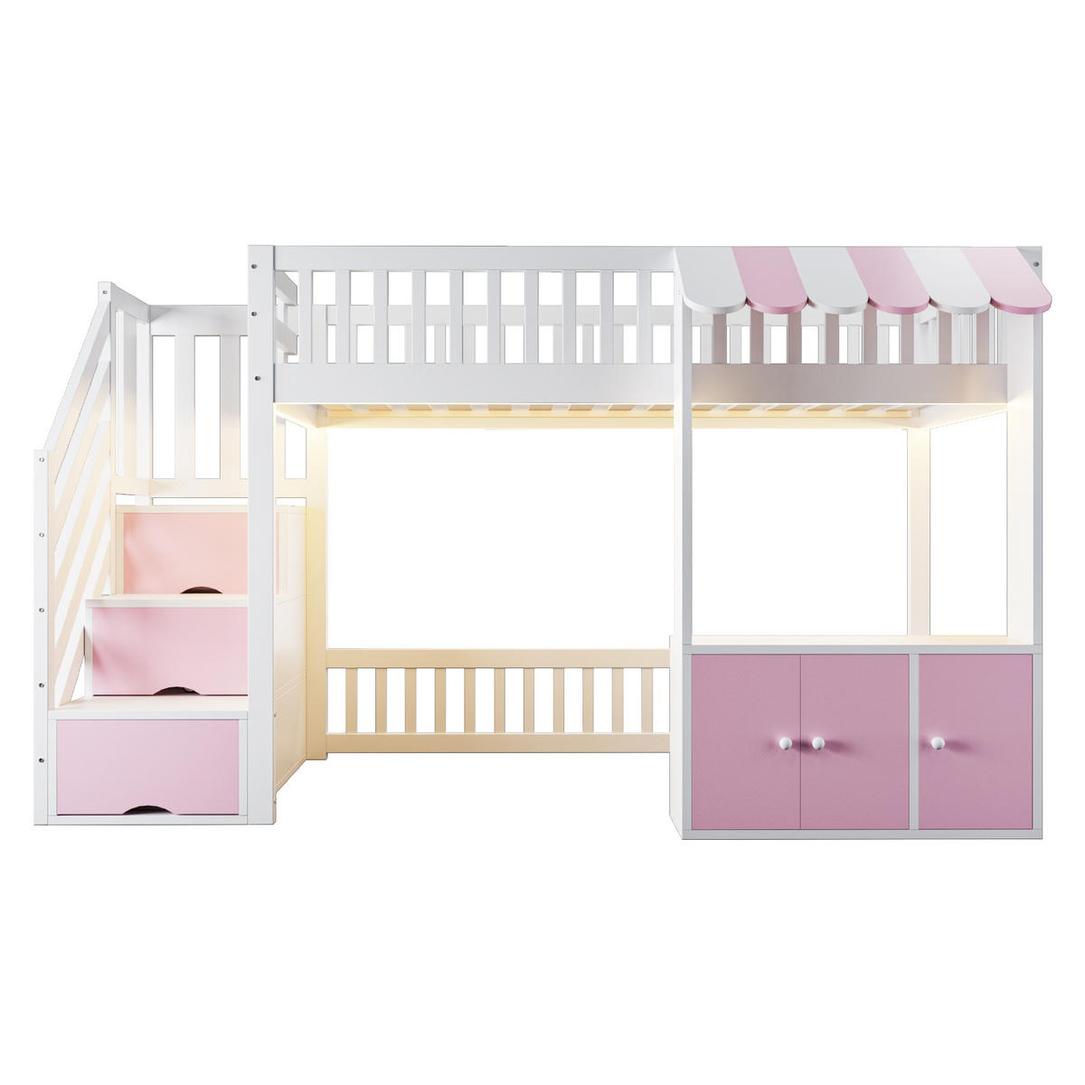 HOCHBETT 90/200 cm in Weiß & Rosa mit Stauraumtreppe, LED und Stauraum - Weiß/Rosa, Holz/Holzwerkstoff (90/200cm) - STILVORA