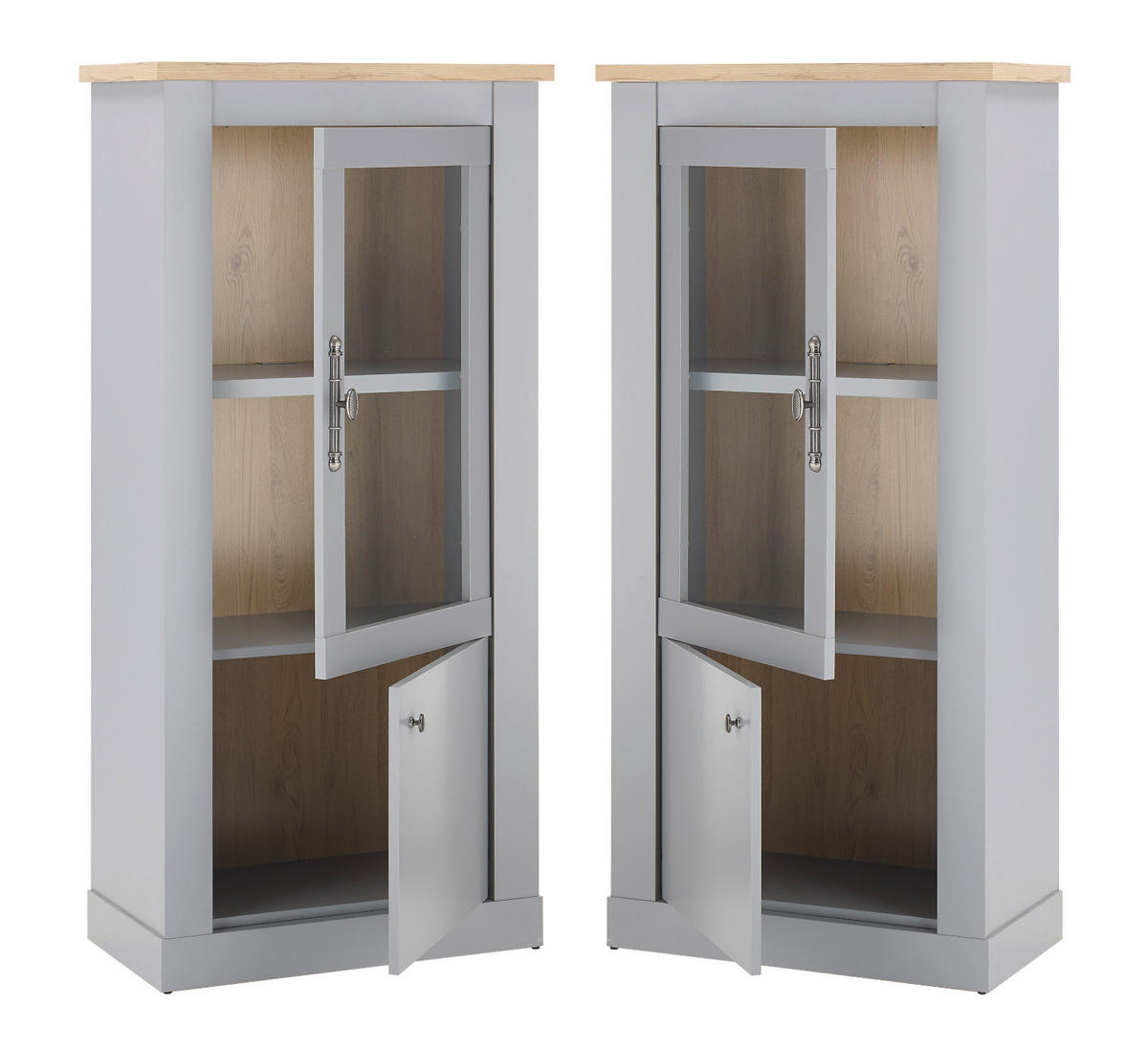 WOHNWAND grau, Artisan Eiche 4-teilig 291 cm, Wohnkombination im Landhaus-Stil - Silberfarben/Hellgrau, Glas/Holzwerkstoff (291/201/44cm) - Furn.Design