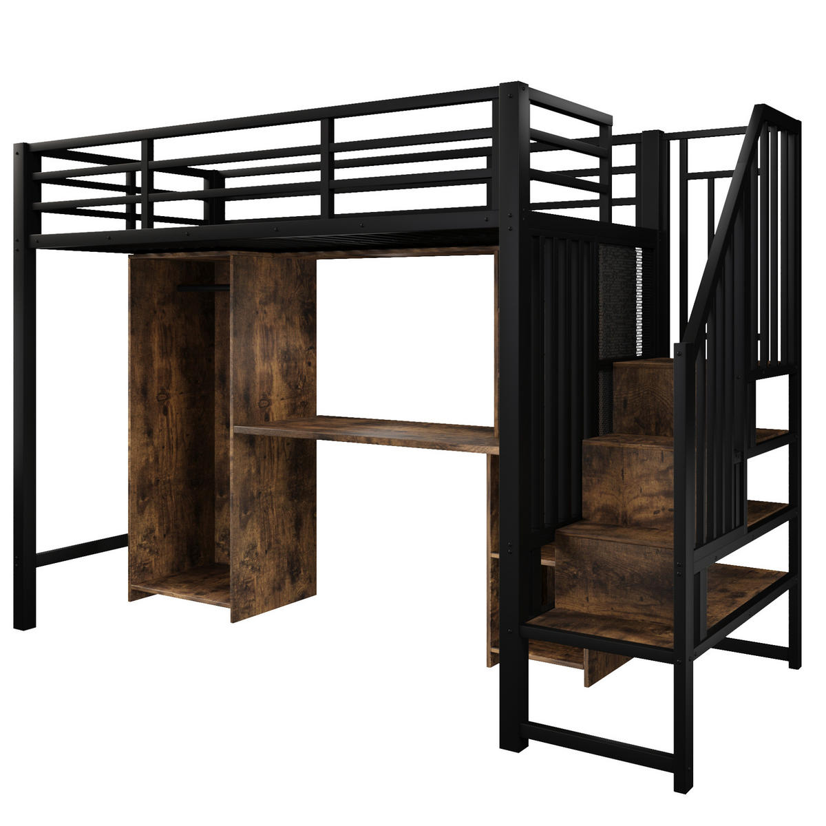 HOCHBETT aus Metall und MDF 90x200 cm Schwarz mit Kleiderschrank, Schreibtisch und Stauraumtreppe - Schwarz, Metall (90/200cm) - Modfu
