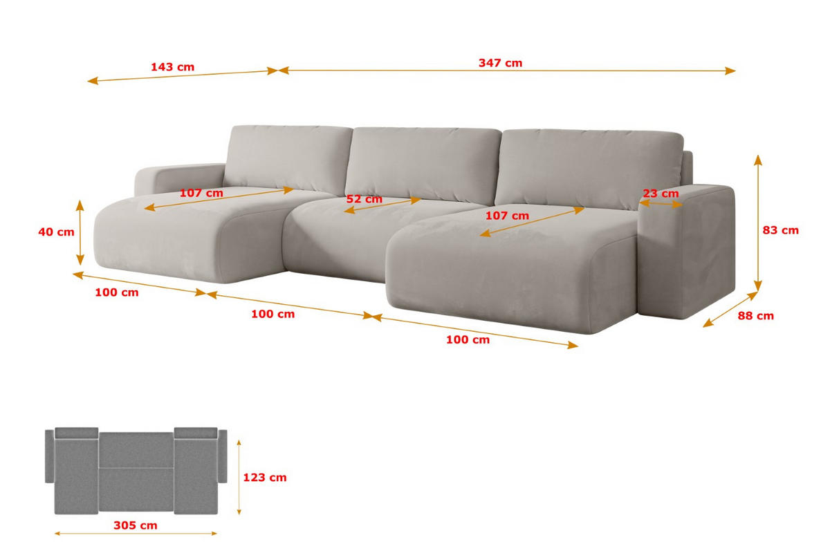 WOHNLANDSCHAFT mit Schlaffunktion und Bettkasten KLEEA-U - 347x143x83 cm Hellbraun Velours - Hellbraun/Schwarz, Holzwerkstoff/Kunststoff (347/83/143cm) - ALTDECOR