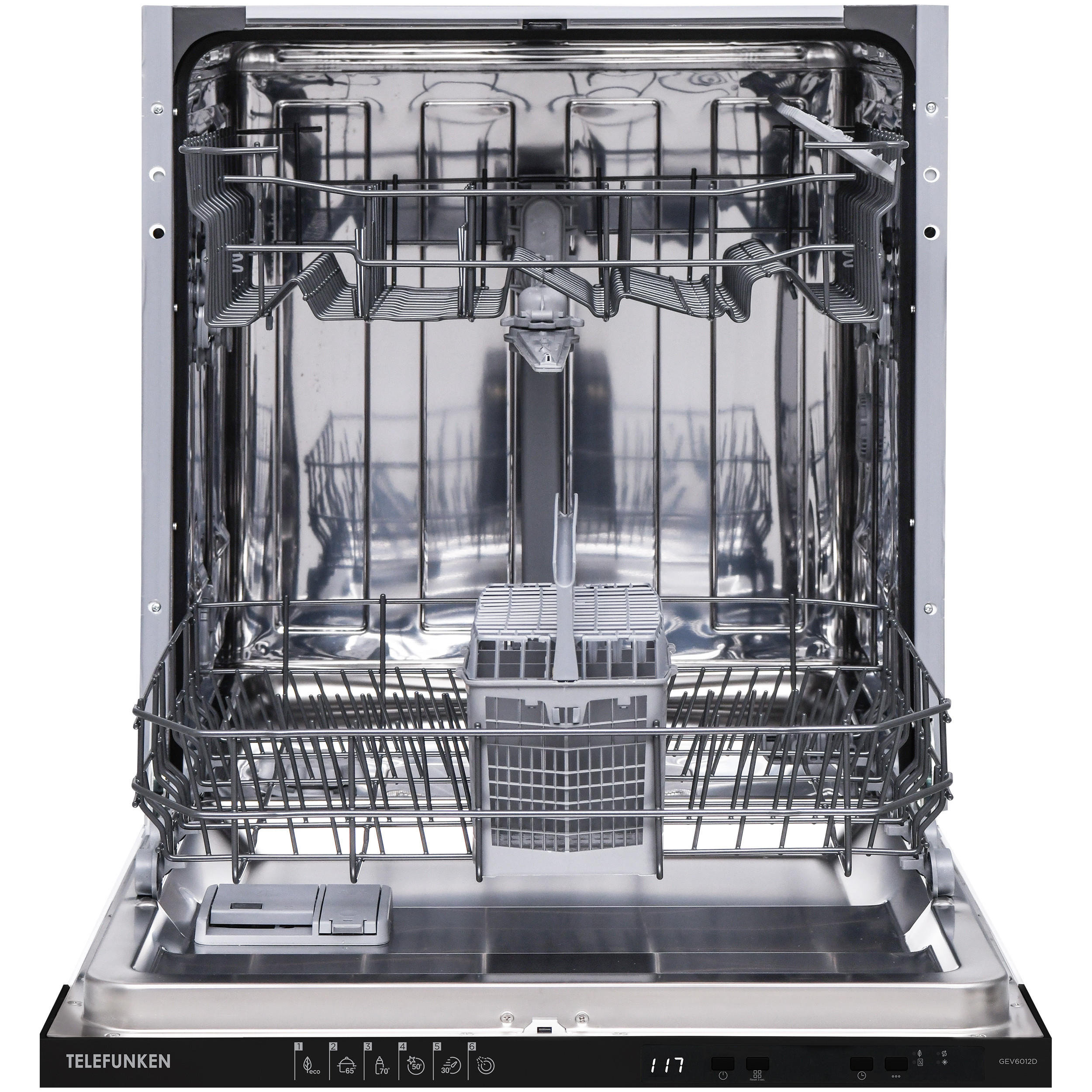 GESCHIRRSPÜLER, 60 cm vollintegrierbar, Einbau Spülmaschine, 12 Maßgedecke, 6 Programme, AquaStop, Startzeitvorwahl, Auto-Door, leise 45 dB, GEV6012D - Schwarz, Kunststoff/Metall (59.8/82/55cm) - Telefunken