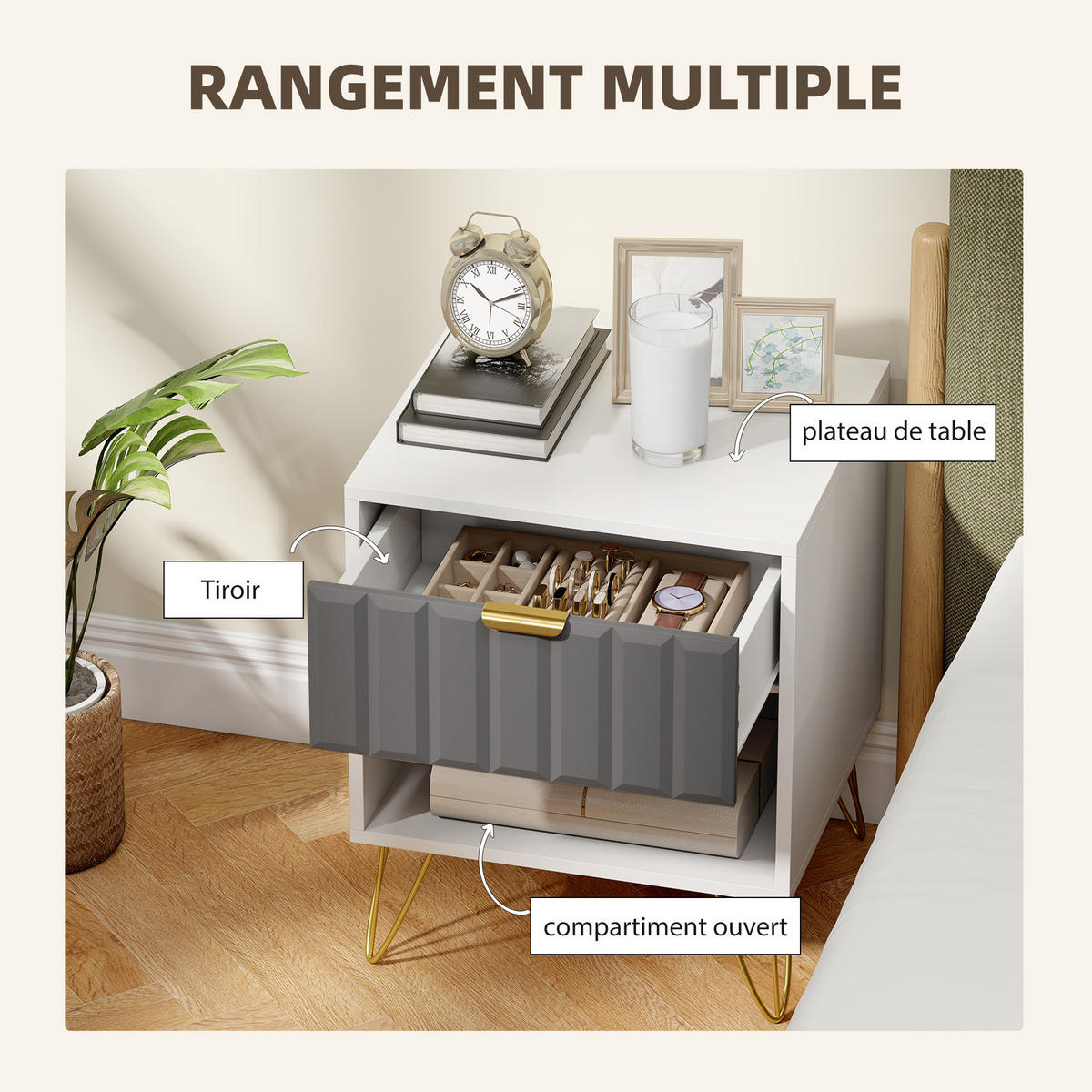 NACHTSCHRANK DE-12912 Schublade und offenes Fach, Stahlfüße Weiß - Weiß, Holzwerkstoff (40/55/45cm) - ComfortXL