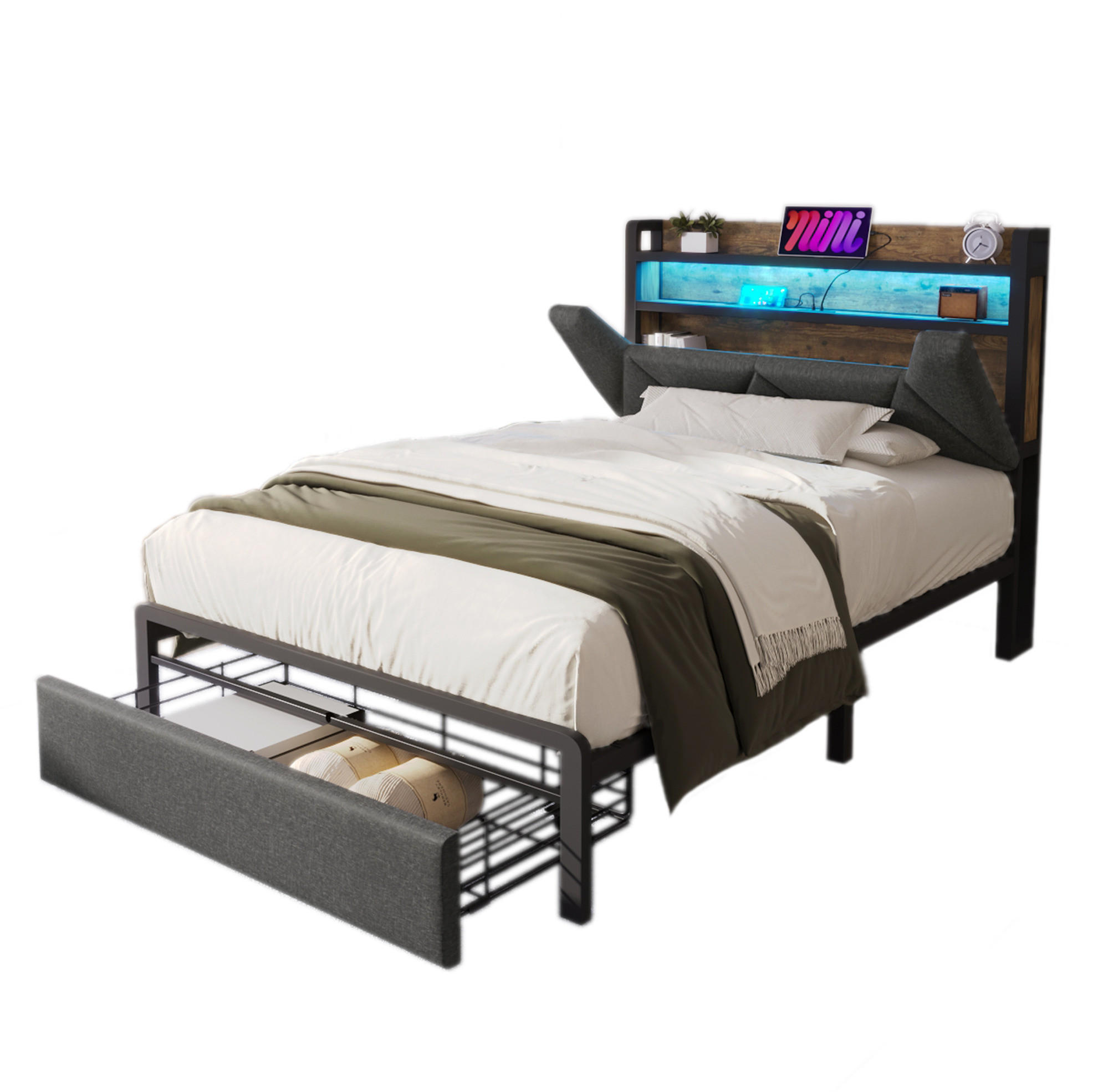 BETT aus Leinen 90x200 cm Grau mit LED, USB-C, Stauraum-Kopfteil und Schublade - Grau, Textil (90/200cm) - Modfu