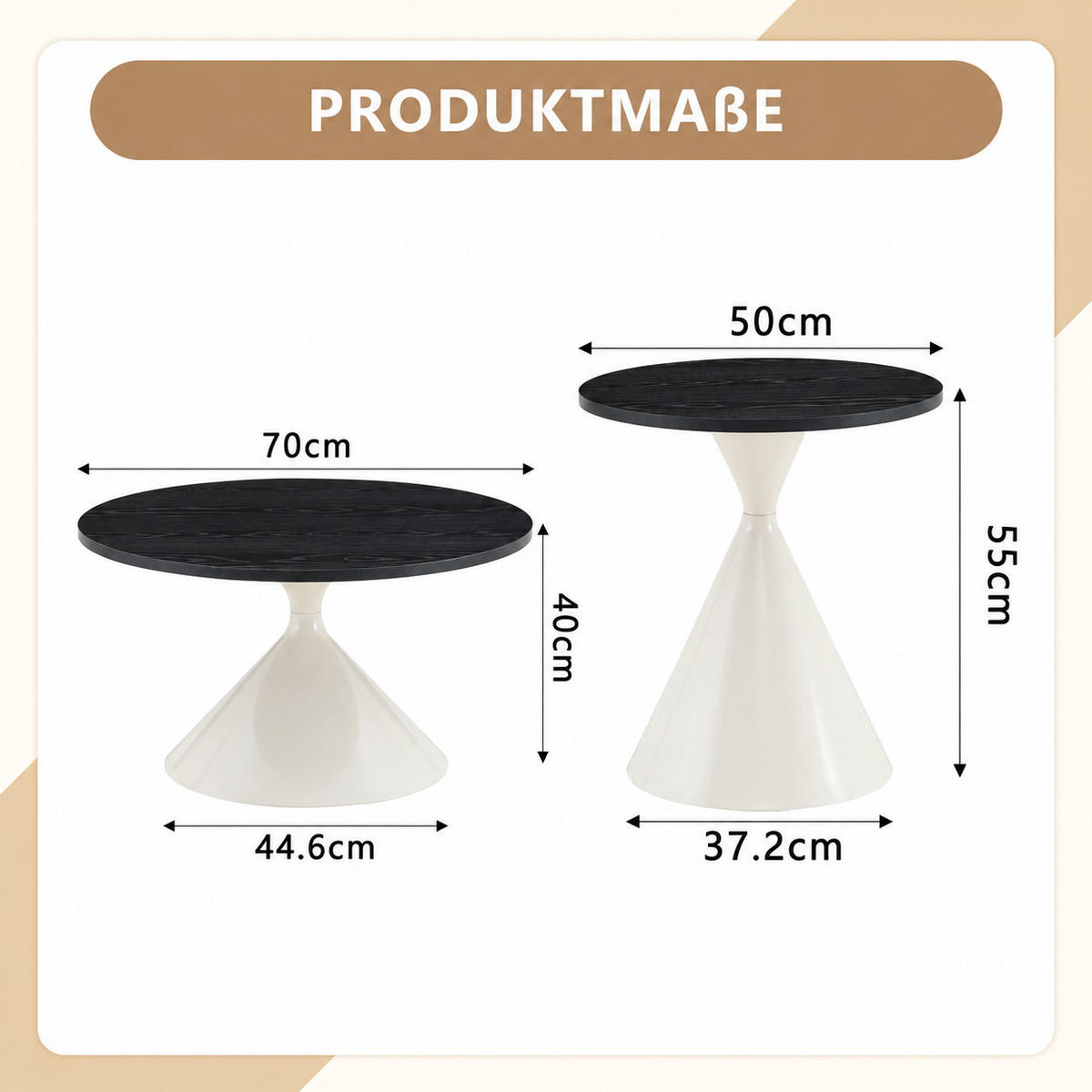 COUCHTISCH Set 2-teilig rund Schwarz/Weiß Melamin Stahlgestell 70/50 cm - Schwarz/Weiß, Metall (70/44.6/40cm)