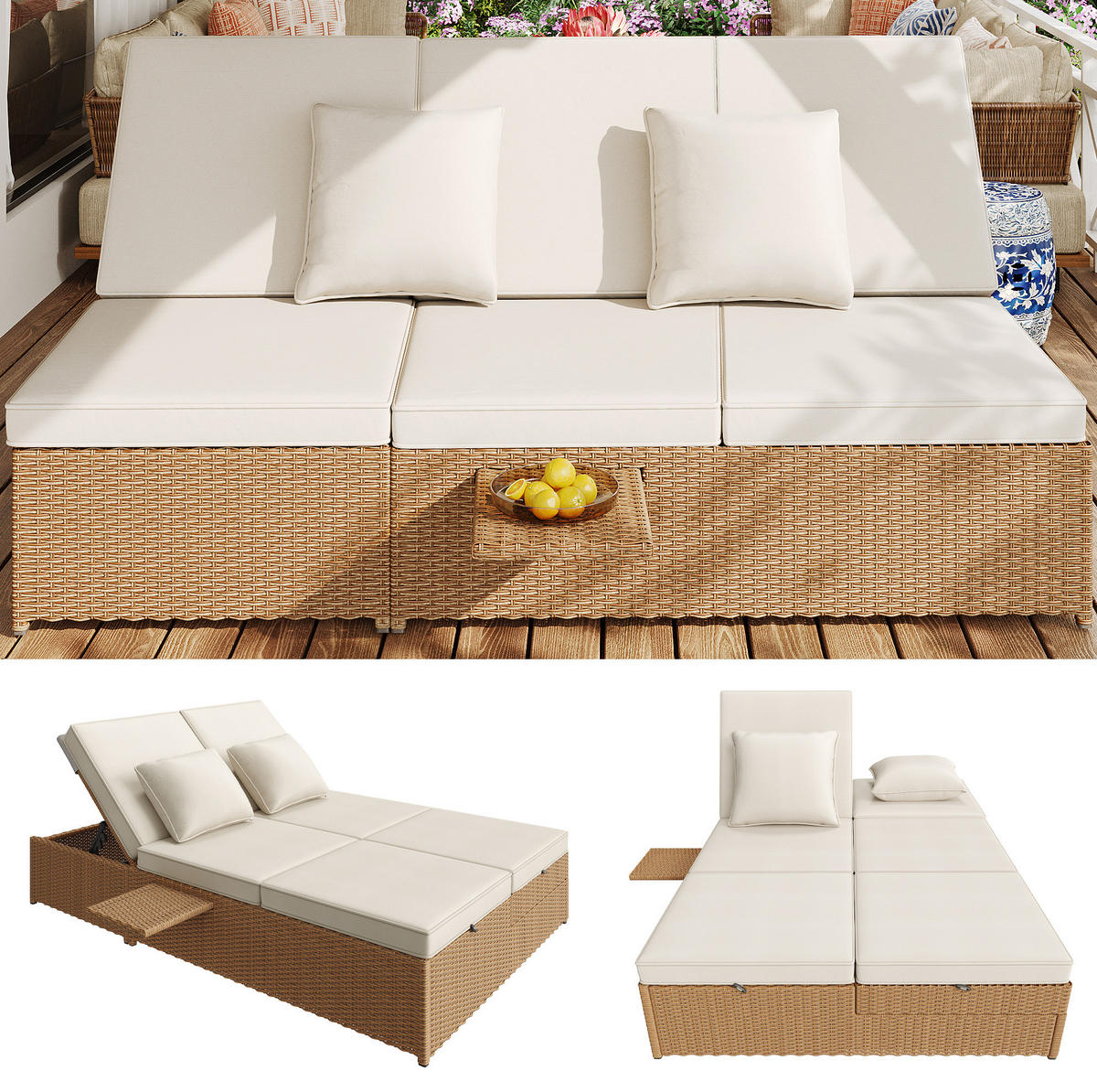 GARTENLIEGE aus Metall, PE-Rattan und Polyester 199x120x37 cm Weiß mit verstellbaren Rückenlehnen, Kissen und Beistelltisch - Weiß, Kunststoff (120/37/199cm) - Modfu