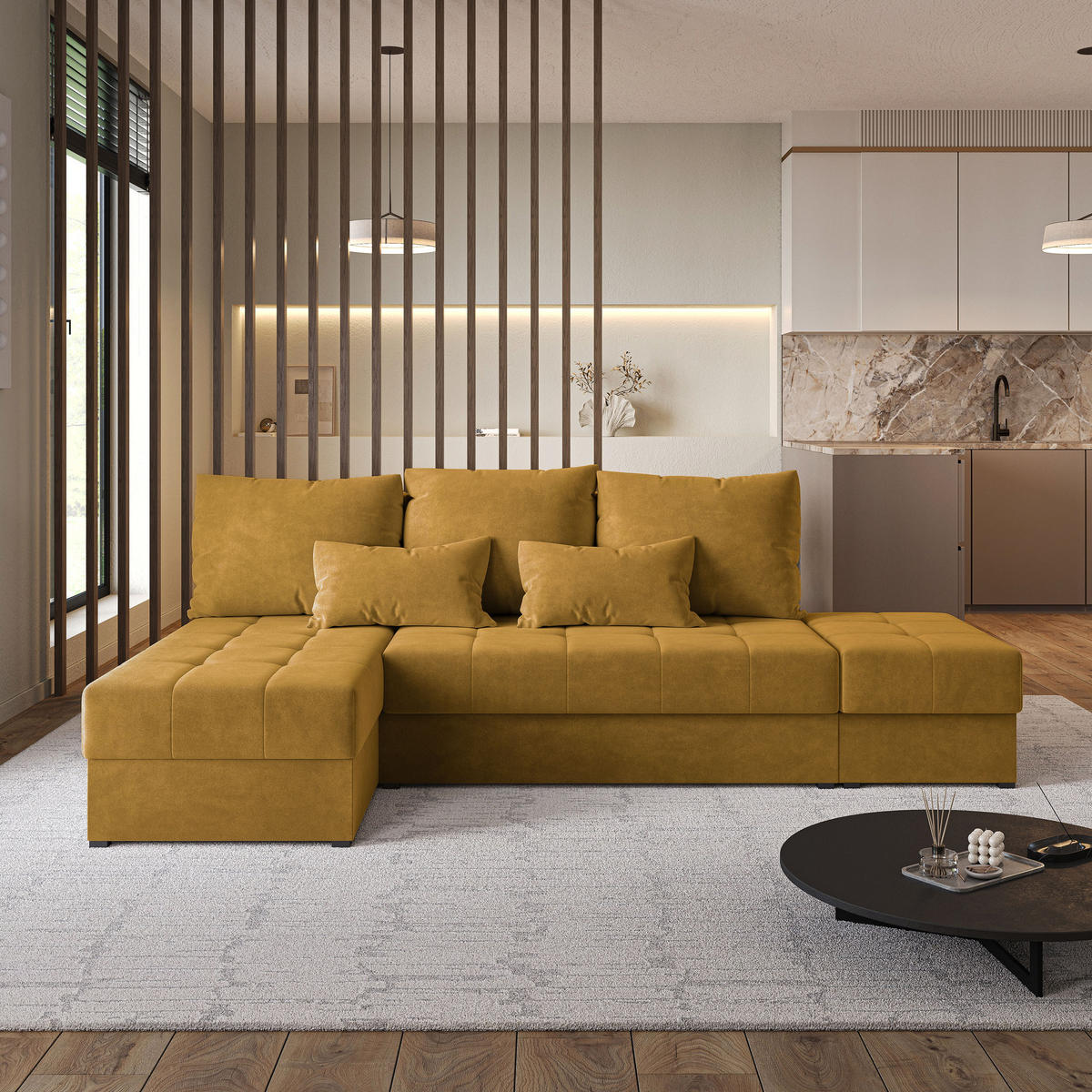 ECKSOFA NORVI Gelb Plüsch-Stoff mit Schlaffunktion - Gelb, Holz (251/143cm) - MASSENO