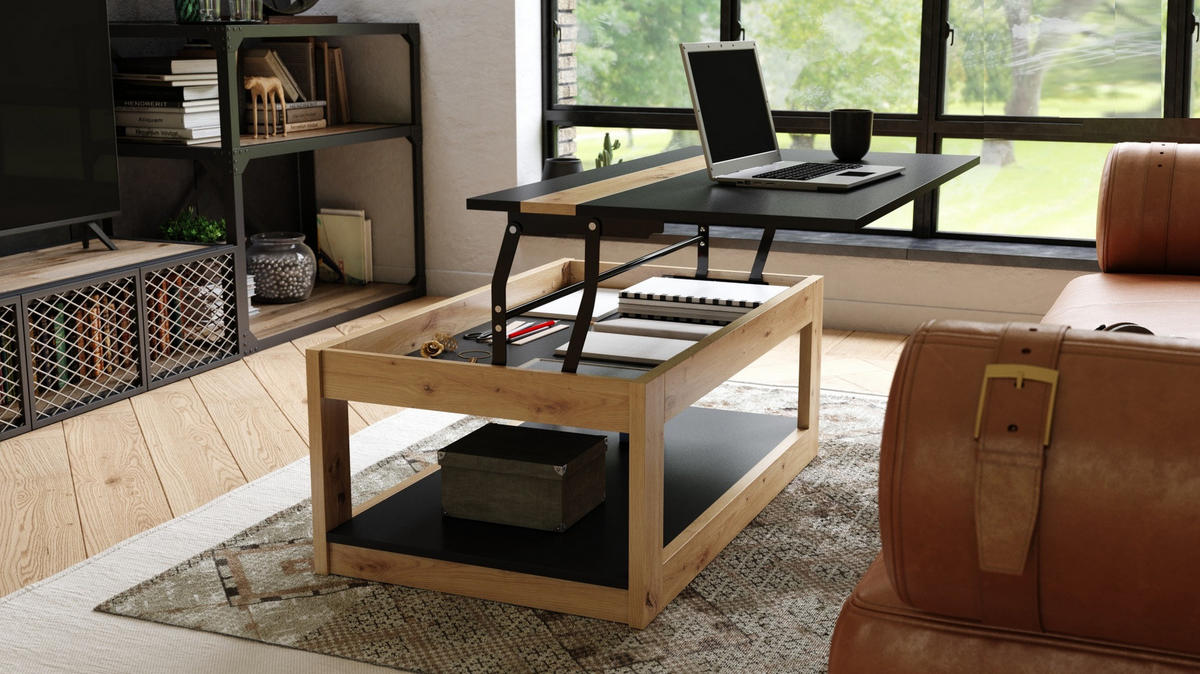 COUCHTISCH rechteckig Schwarz - Eiche Artisan aufklappbar - Schwarz/Eiche Artisan, Holzwerkstoff (66/112/45cm) - designimpex