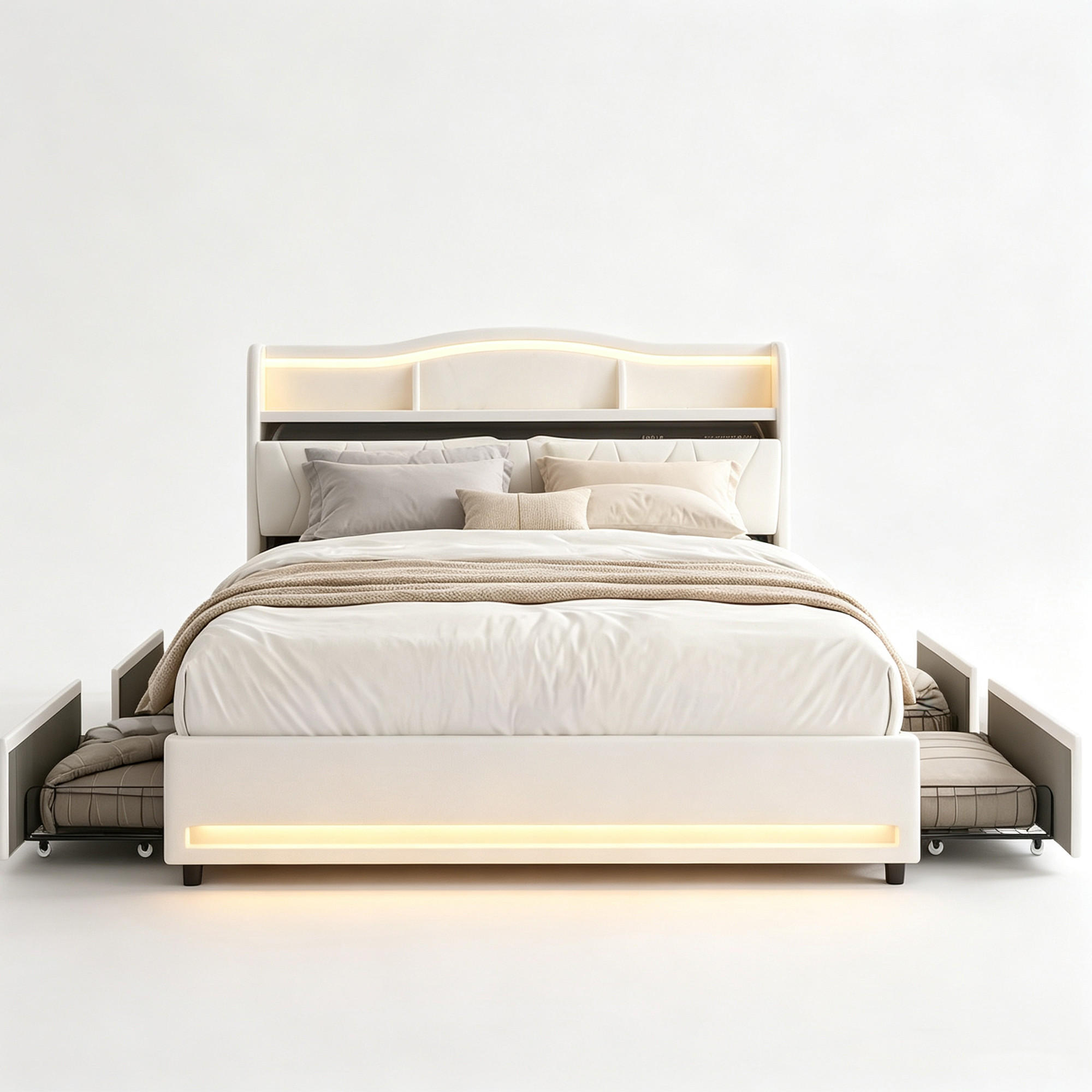 POLSTERBETT 160x200 mit stauraum, doppelbett mit LED, 4 Schubladen, Lattenrost, USB, Kopfteil, Samtstoff, Beige - Beige, Holz/Textil (160/200cm) - GENKI LIVING