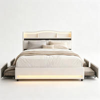 POLSTERBETT 160x200 mit stauraum, doppelbett mit LED, 4 Schubladen, Lattenrost, USB, Kopfteil, Samtstoff, Beige - Beige, Holz/Textil (160/200cm) - GENKI LIVING