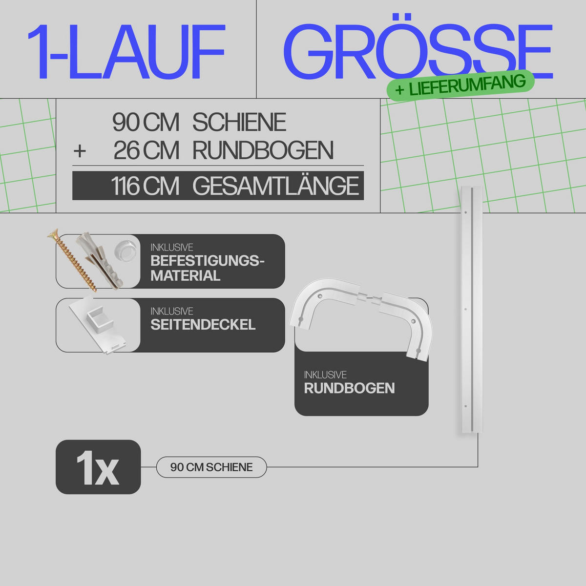 GARDINENSCHIENE - Komplettset inkl. Zubehör 90cm 1-läufig + 2er Set Rundbogen - Weiß, Kunststoff (6/90cm) - Bestlivings