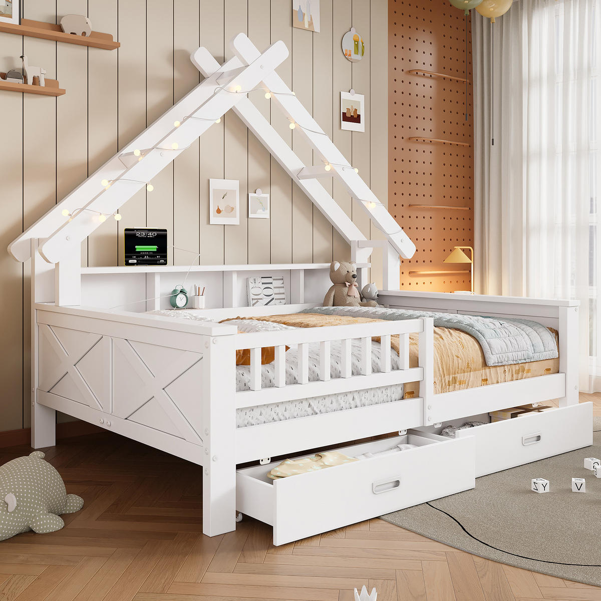 HAUSBETT 140/200 cm in Weiß mit 2 Schubladen, LED und Regal - Weiß, Holz/Holzwerkstoff (140/200cm) - WISHDOR