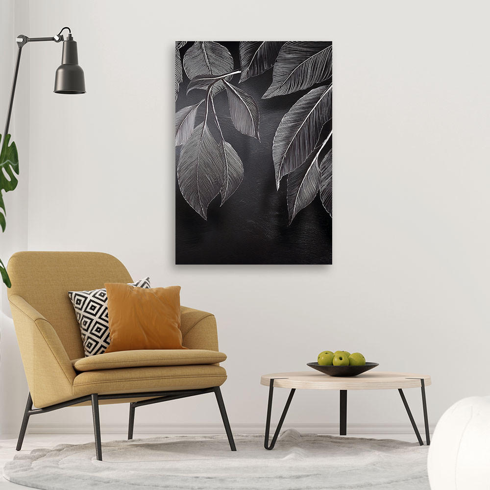 LEINWANDBILD Minimalismus hinterlässt Pflanzen schwarz und weiß 40x60cm - Grau, Textil (40/60cm) - Feeby