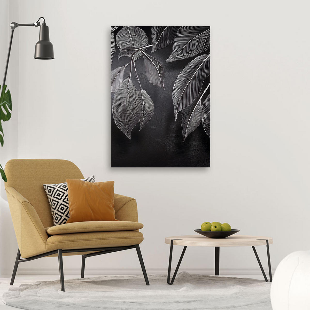 LEINWANDBILD Minimalismus hinterlässt Pflanzen schwarz und weiß 40x60cm - Grau, Textil (40/60cm) - Feeby