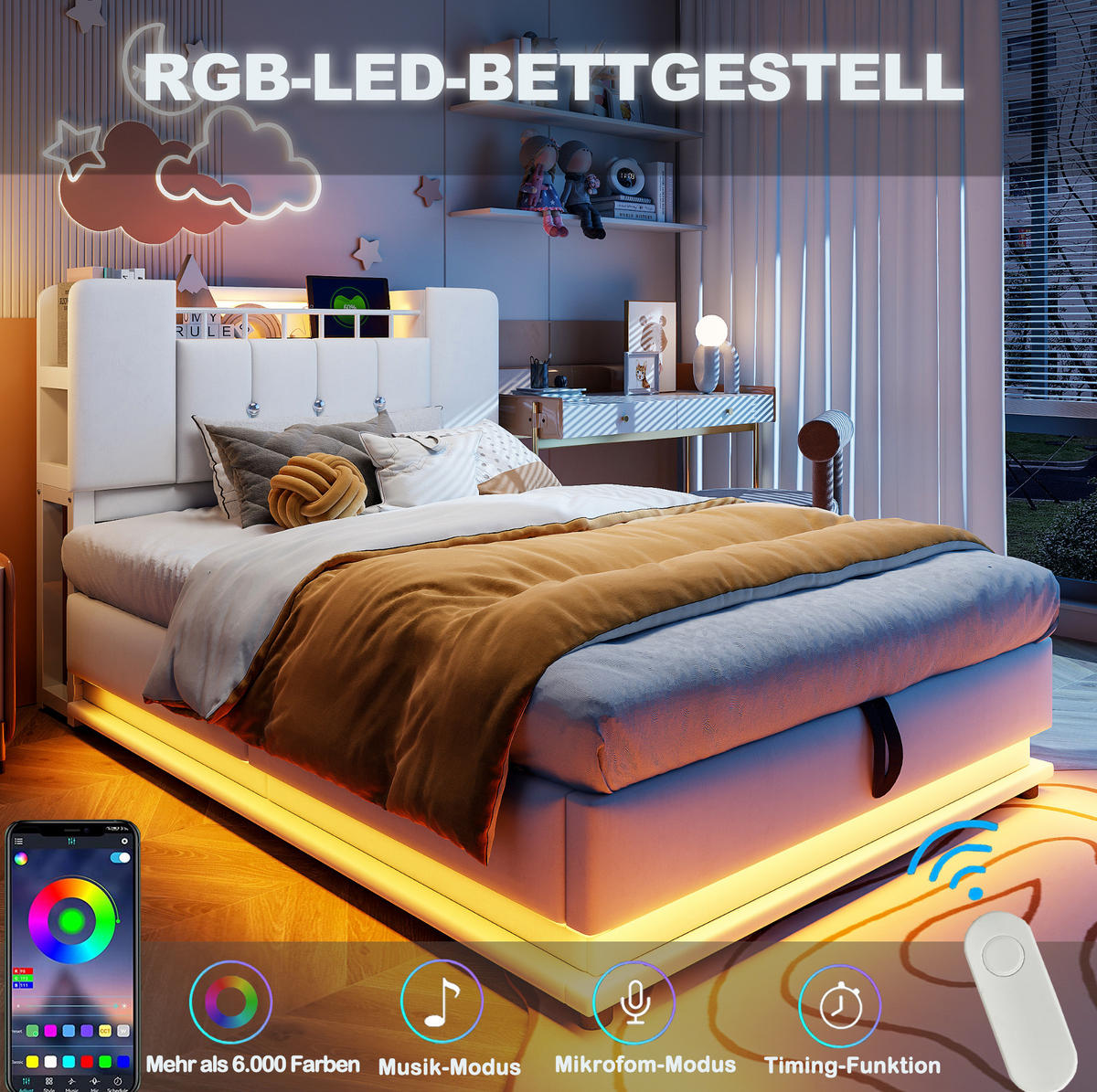 BETT für Kinder mit Stauraum, LED und USB 90x200 cm Samt Beige - Beige, Metall (90/200cm) - Beauniv