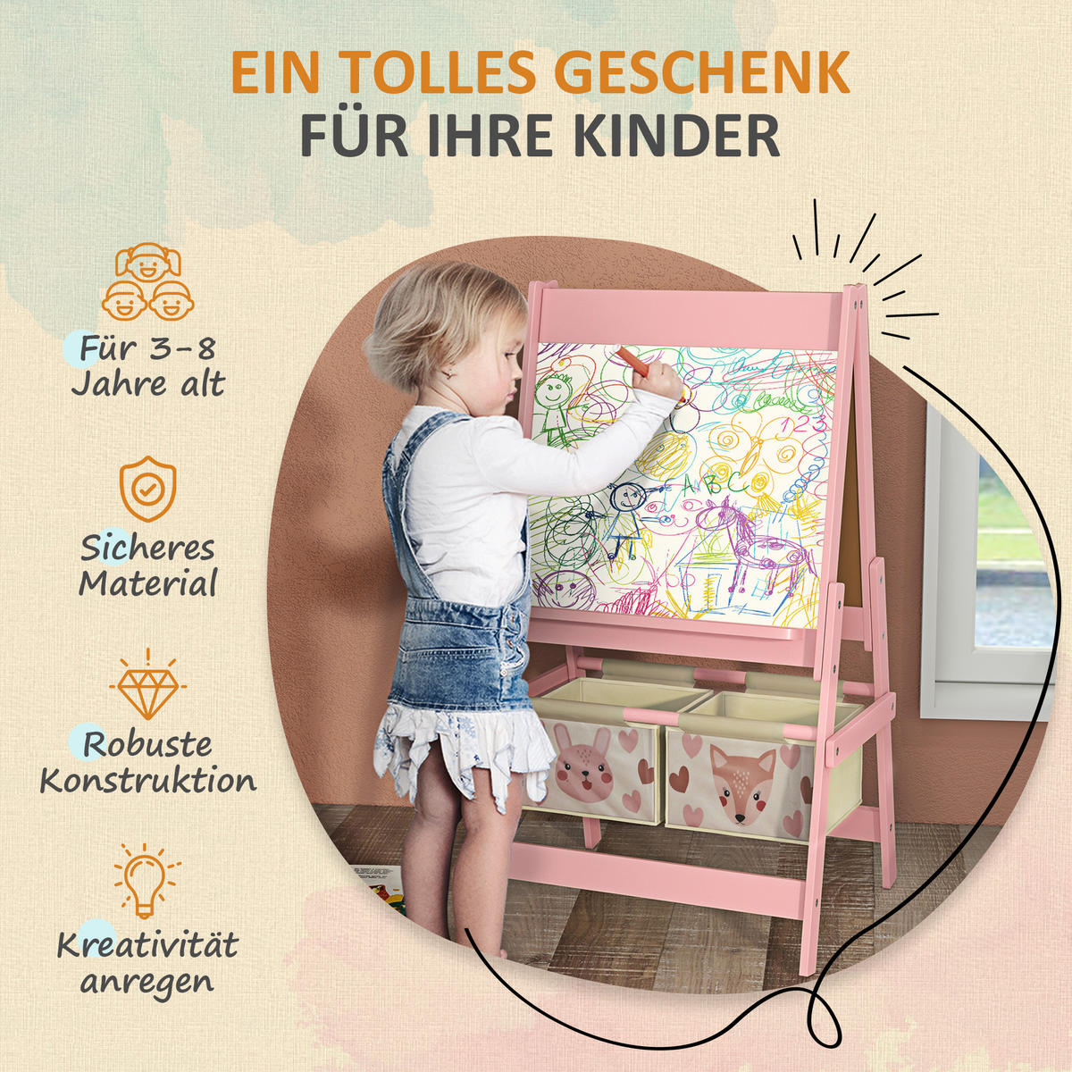 KINDERSTANDTAFEL mit Aufbewahrungskörbe - Rosa, Holzwerkstoff (46.5/93/54cm) - AIYAPLAY