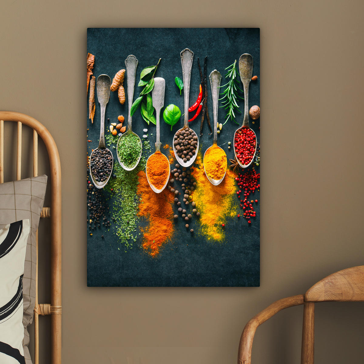 LEINWANDBILD Kräuter - Gewürze - Löffel 60x90 cm - Currygelb, Textil (60/90cm) - MuchoWow