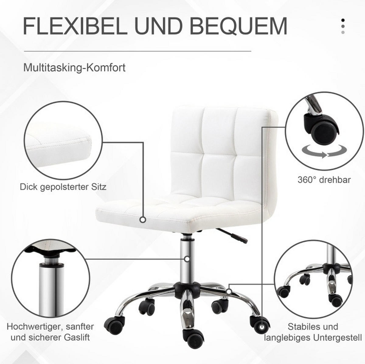 DREHSTUHL in Weiß höhenverstellbar mit Kunstleder und 5 Rollen,51/92/46 cm - Weiß, Kunststoff (46/92/51cm) - Flora Grace