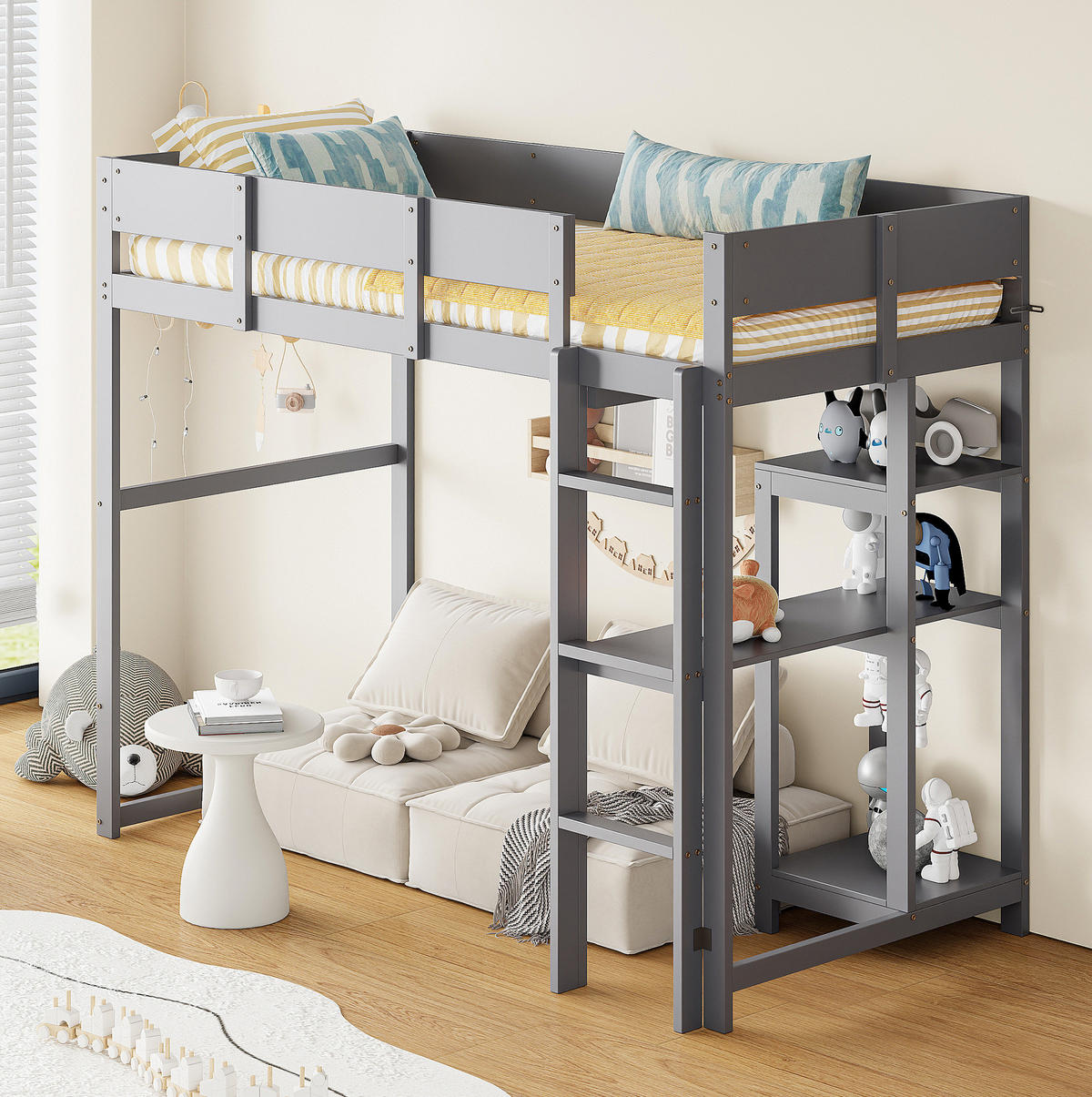HOCHBETT 90/200 cm aus Kiefernholz mit Ablageregal, Grau - Grau, Holz (90/200cm) - OKMYHOME