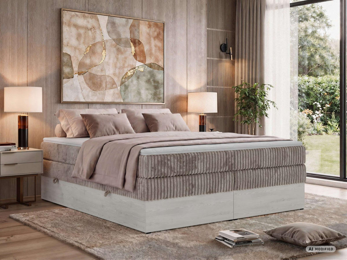 BOXSPRINGBETT NORDIC ZERO KING 200/200 - Hellbraun Cord - Topper T25 - H4 - Hellbraun/Schwarz, Kunststoff/Textil (200/200cm) - MKS
