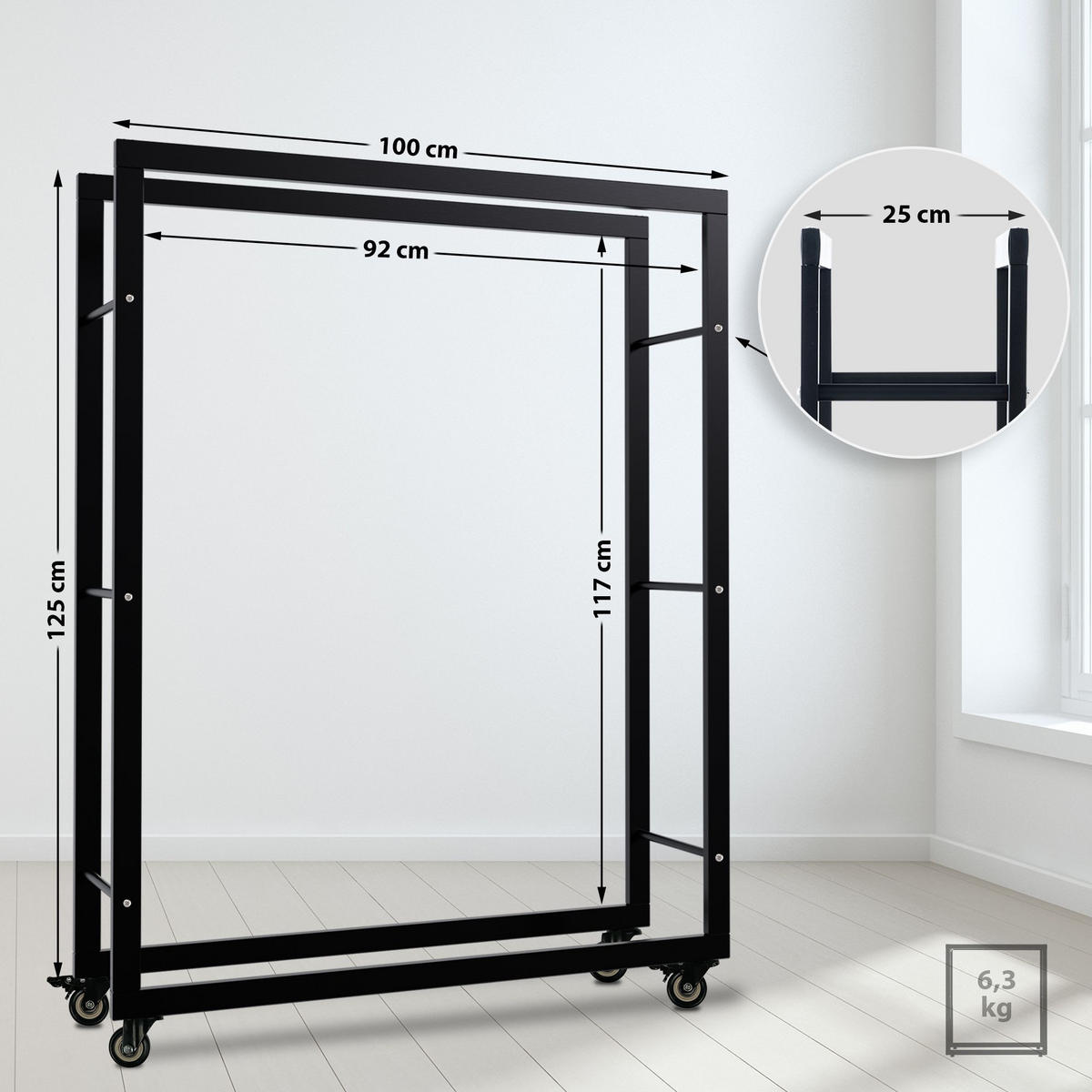 KAMINHOLZREGAL 100/25/125 cm Metall schwarz - Schwarz, Metall (100/125/25cm) - CLP