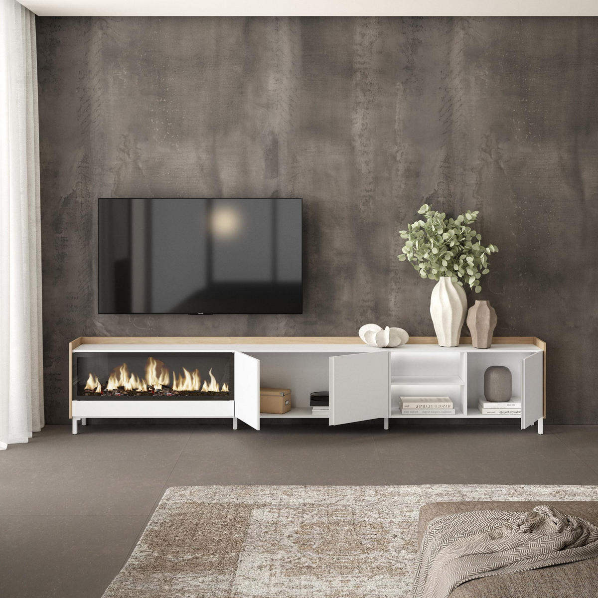LOWBOARD, Weiß und Eiche, 315/35/61cm, Kamin mit Feuereffekt XXL - Weiß, Holzwerkstoff (315/61/35cm) - Skraut Home