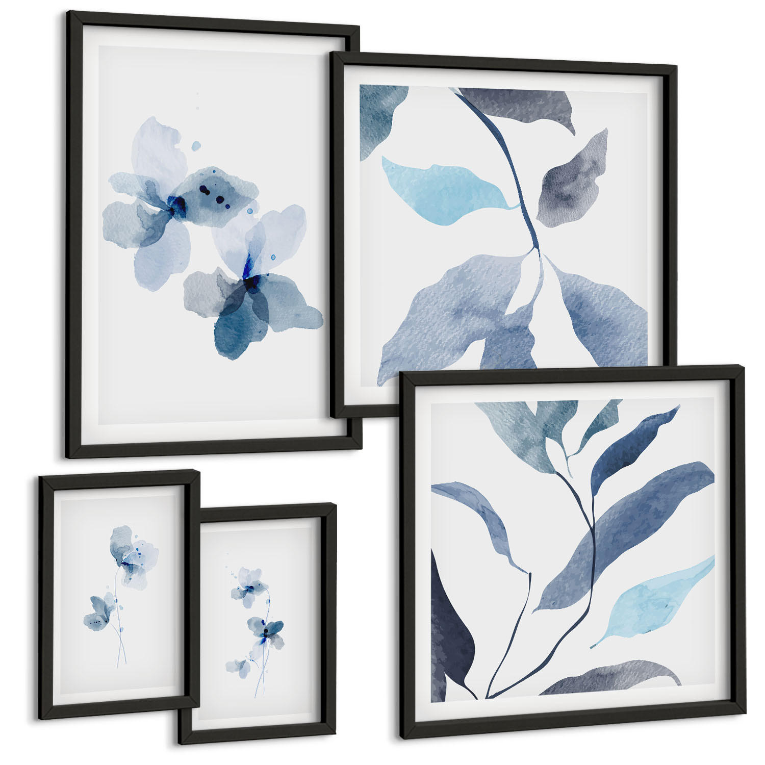 BILDER SET 5er Set - 50x50 cm & 20x30 cm & 40x60 cm Schwarzer Rahmen - Minimalistische blaue Blumen - Schwarz, Kunststoff (40/60cm) - TULUP